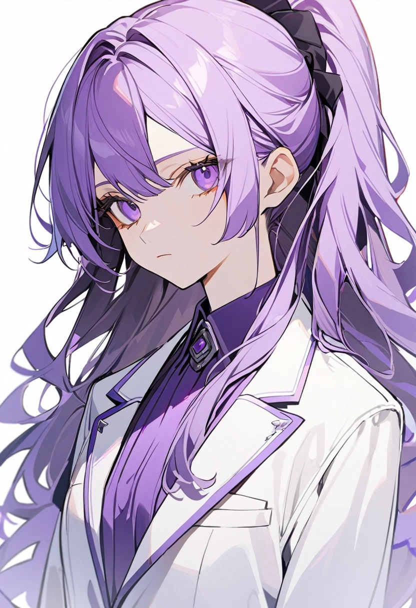 1girl, solo,purple eyeliner, purple long wavy ponytail,white suit,simplebackground,upper body,Expressionless