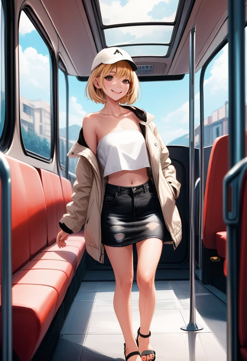 blonde shoulder length hair girl, red hilighted hair, medium round breasts, ((standing near bus seat)), smiling, (white cap, beige jacket, black triangle strapless, black denim pencil mini skirt, sandals), anime illustration, sun rays, 8k,
BREAK, (white cap, beige jacket, black triangle strapless, black denim pencil mini skirt, sandals)