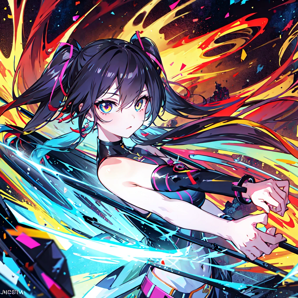 masterpiece, best quality:1.2),anime style:1.8, 1girl, solo, Ultra-detailed, best quality,High saturation, gradient, colorful,magic, vivid colors ,perfect face,Bangs, twin tails 
