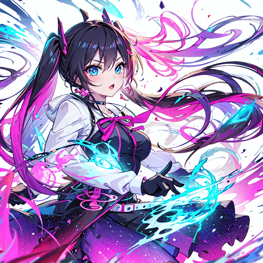 masterpiece, best quality:1.2),anime style:1.8, 1girl, solo, Ultra-detailed, best quality,High saturation, gradient, colorful,magic, vivid colors ,perfect face,Bangs, twin tails 