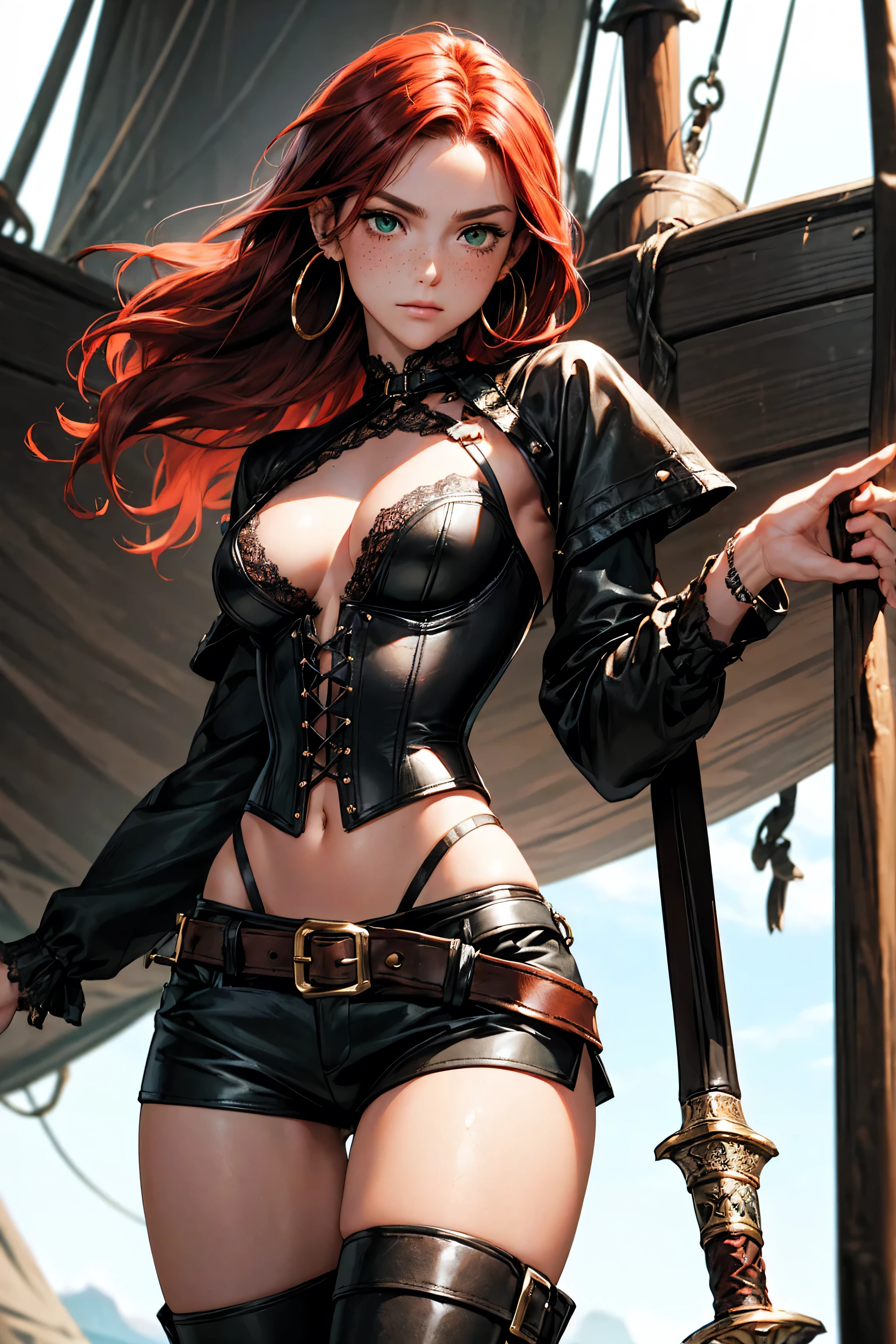 (masterpiece), best quality, expressive eyes, perfect face, (pirate ship background), (standing), (smirk), (closeup view), (1girl,freckled skin,glossy skin, red hair,green eyes, hourglass figure, thin body, skinny body, petite_body, medium breasts, thick thighs, long fingernails, hoop earrings, white front lace blouse, long sleeve, loose fit, black leather corset, brown leather shorts, brown boots, sheathed cutlass sword, flintlock pistol in holster, hoop earrings, miscellaneous jewelry) thong straps