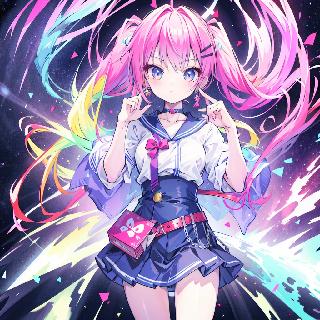 masterpiece, best quality:1.2),anime style:1.8, 1girl, solo, Ultra-detailed, best quality,High saturation, gradient, colorful,magic, vivid colors ,perfect face,Bangs, twin tails 