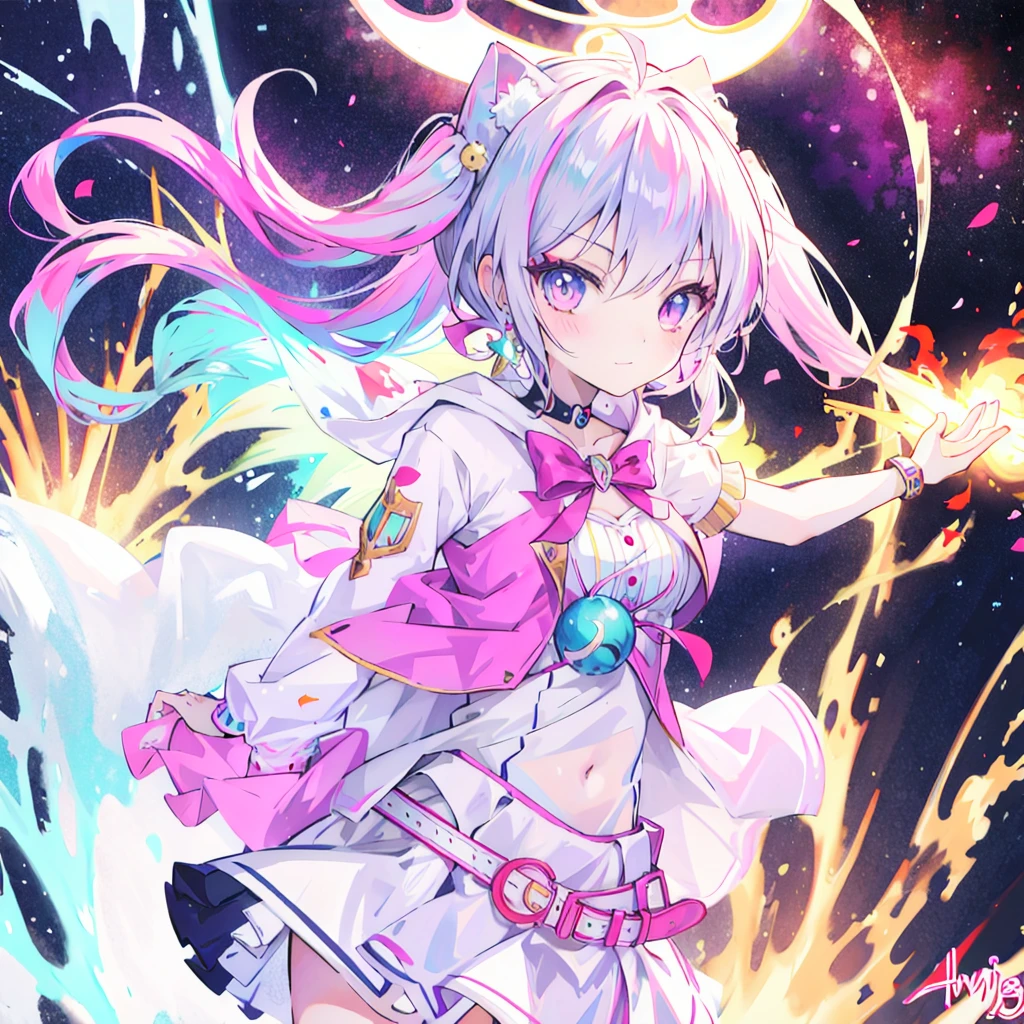 masterpiece, best quality:1.2),anime style:1.8, 1girl, solo, Ultra-detailed, best quality,High saturation, gradient, colorful,magic, vivid colors ,perfect face,Bangs, twin tails 