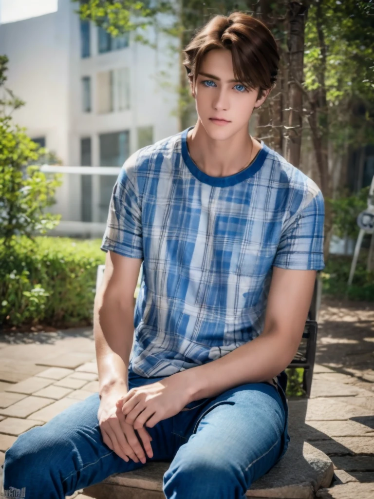 a beautiful boy with deep blue eyes, curly brown hair, pale smooth skin, sitting outdoors, wearing skinny jeans, plaid shirt and t-shirt, looking like a model, high detailed, hyperrealistic, 8k, ultra detailed, masterpiece, cinematic lighting, professional photography, natural setting, warm color tones