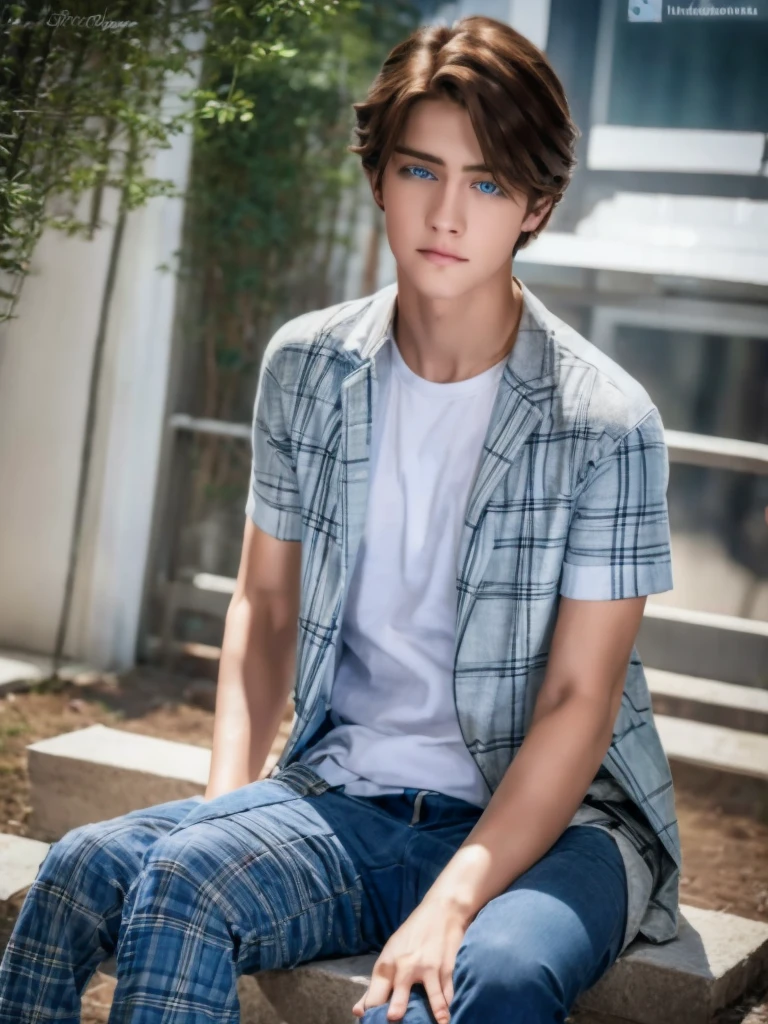 a beautiful teenage boy with deep blue eyes, curly brown hair, pale smooth skin, sitting outdoors, wearing skinny jeans, plaid shirt and t-shirt, looking like a model, high detailed, hyperrealistic, 8k, ultra detailed, masterpiece, cinematic lighting, professional photography, natural setting, warm color tones