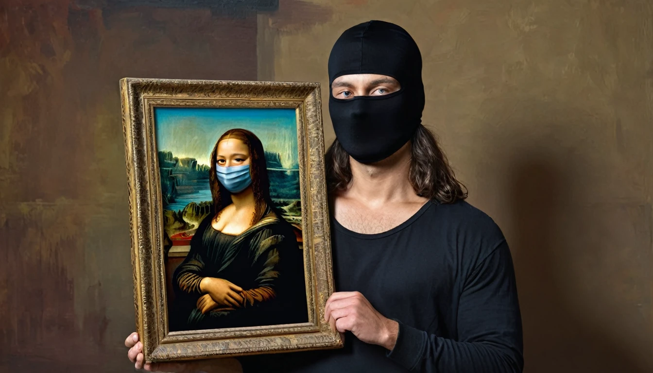 A character with his face covered with a black balaclava,  holding a painting of the monalisa , a high quality image, hyperrealistic, ultra detailed 