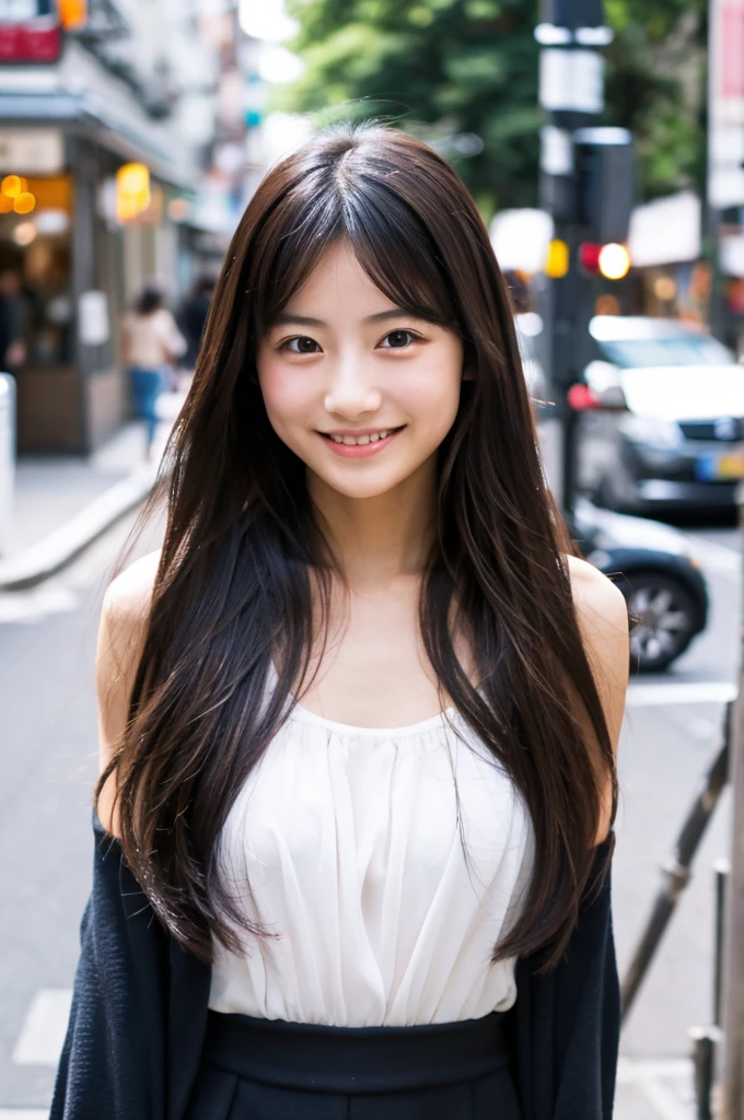 Top quality, 1 beautiful Japanese girl, (long Hair:1.3), black hair, wearing sexy Camisole, shy-smile, upper body, at street