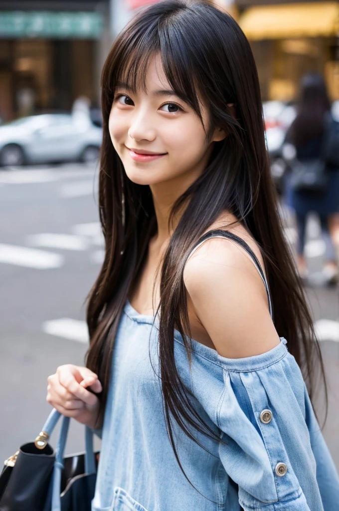 Top quality, 1 beautiful Japanese girl, (long Hair:1.3), black hair, wearing sexy Camisole, shy-smile, upper body, at street