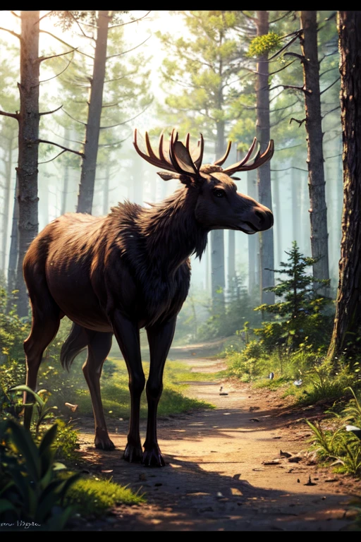 ((best quality)), cartoon, many moose in pine forest. (Anatomically correct moose)  (Moose seen in distance) Many trees, mist