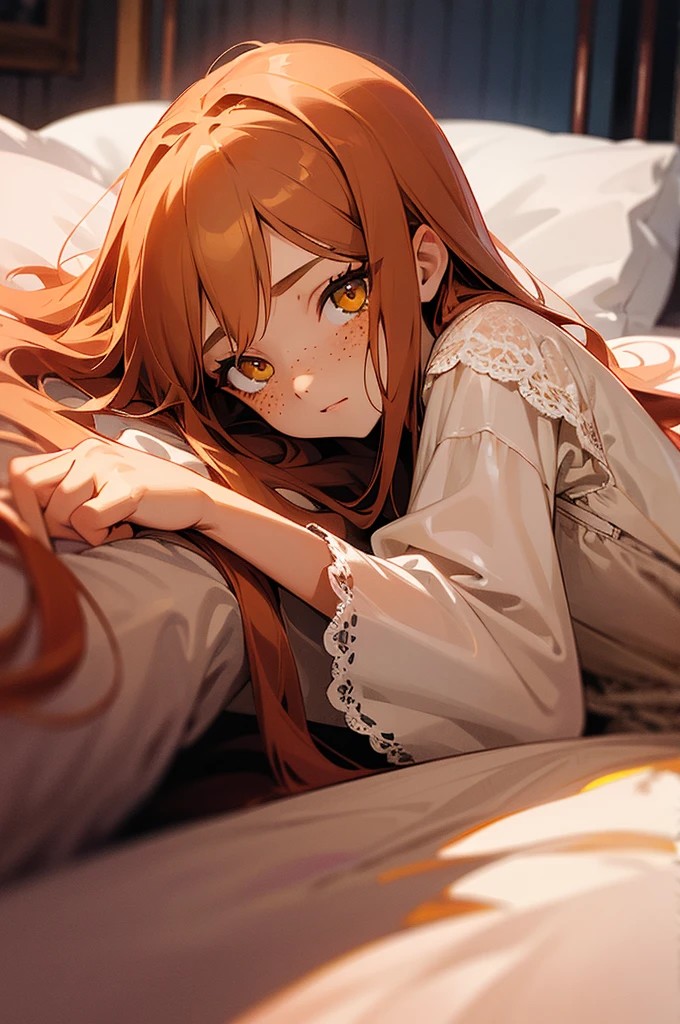 Cute face, girl, , yellow eyes, tan skin, freckles silky red long hair, white lace nightgown, adorable expression, midnight, dark room, lying on bed in bedroom, gazing at the camera, upper body