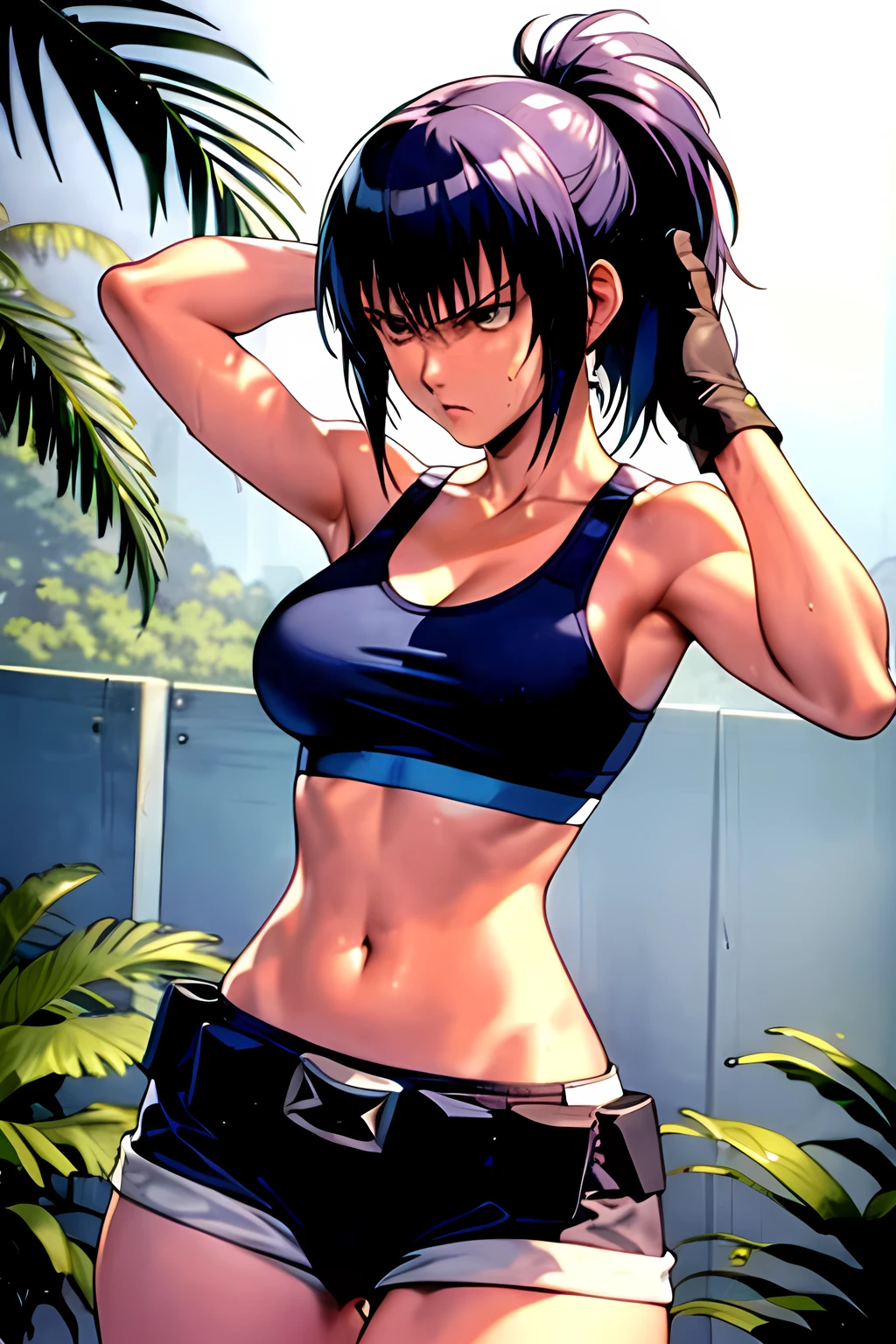 masterpiece, Highest quality, High resolution, One girl, Hamriz, ponytail, Brown eyes,big 、Upper body close-up、Muscular body、blush、Sweat、Composition from the front、anime、(((Micro Bikini)))、Outdoor swimming pool