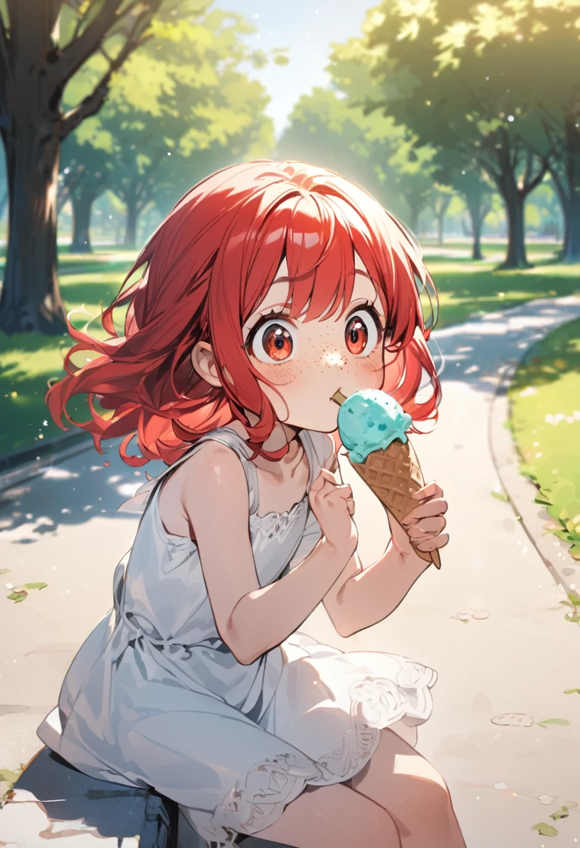 outdoors, young girl(red hair, freckles, big eyes, white dress), park, eating ice-cream, happy