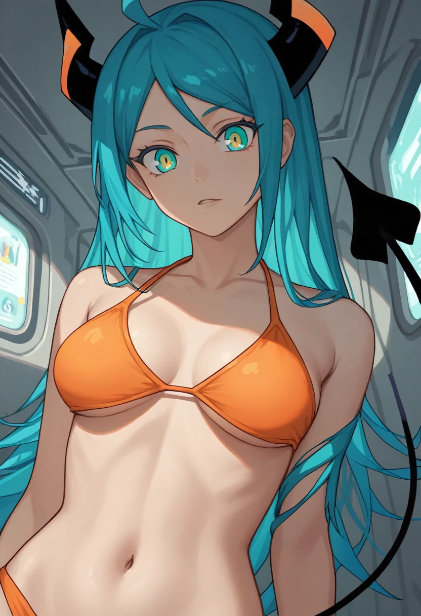 score_9, score_8_up, score_7_up,1 daemon woman, black  demon horns, black demon tail, (aquamarine hair),aquamarine green color hair,ahoge, long hair, (long hair),bangs, light orange bikini, bikini is orange, bikini orange, orange bikini!, (aquamarine eyes), background is spaceship, aquamarine eyes, 1woman ,facing viewer, daemon girl,  close up,Well-endowed, alone, Spacecraft interior