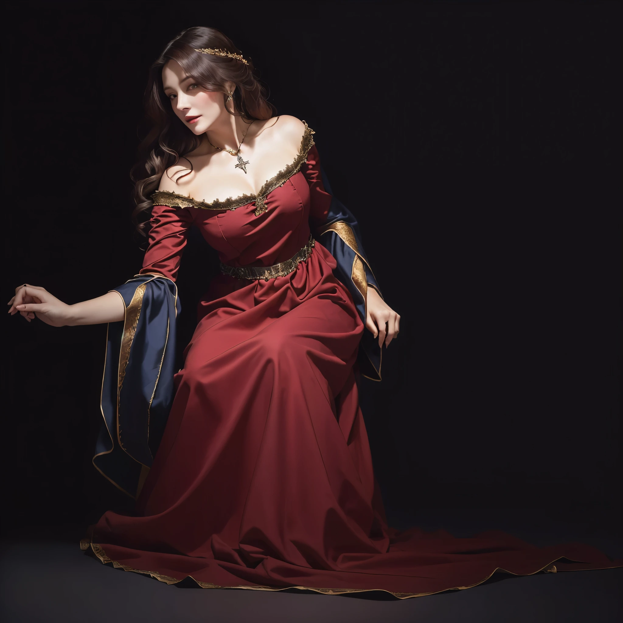 masterpiece, best quality photo, most detailed, a 40 years old mature woman in a medieval dress, villain, medieval dress. witch, matted rich hair, curled hair, off shoulder, open chest, looking her below