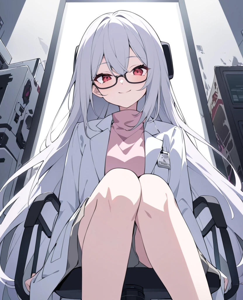 A nihilistic and evil smile,Anime painting:1.2,A , young girl with glasses and very long silver hair and red eyes wearing a white lab coat is smiling wickedly with her mouth open.:1.2,In a dimly lit laboratory,Composition from the upper body up,Sitting cross-legged on an office chair,Long hair that reaches to your feet,Pale pink blouse and grey long skirt