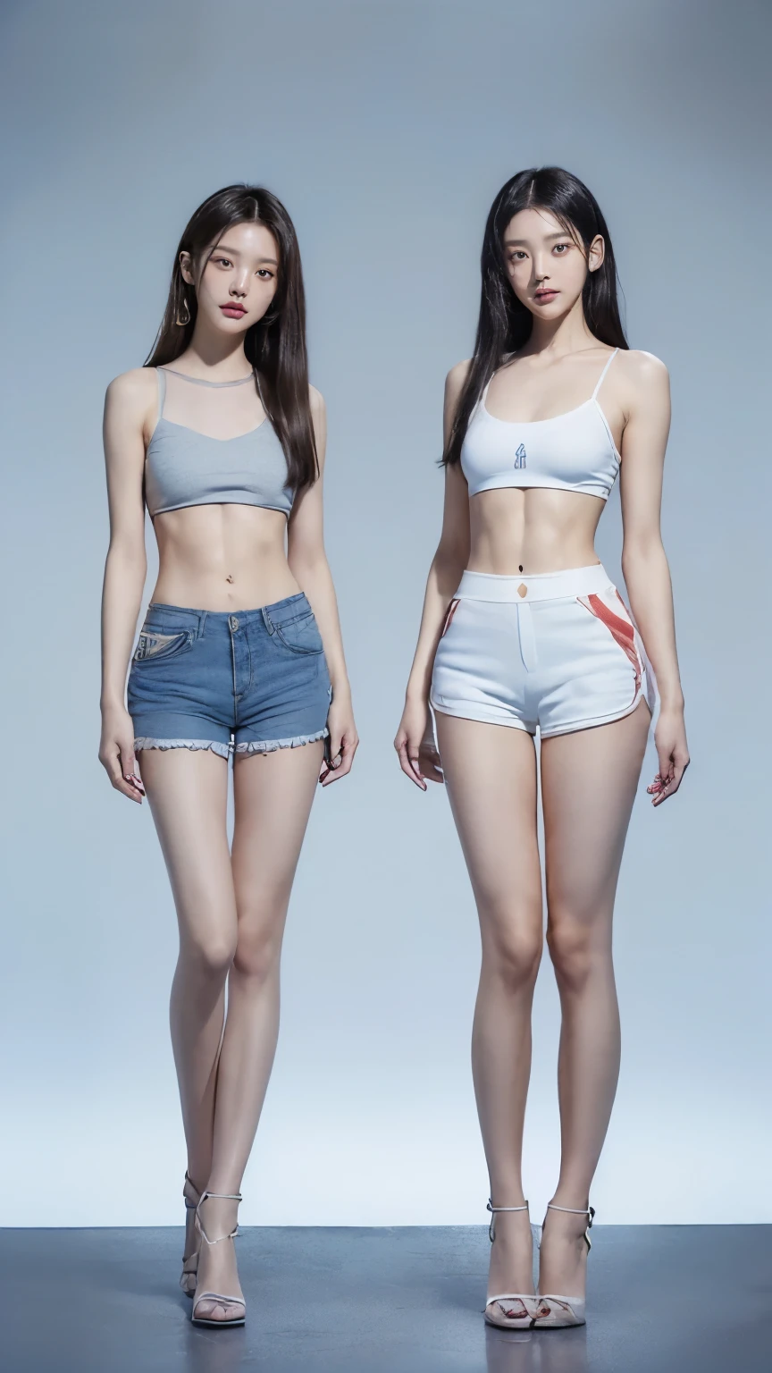 (8K、Raw photo、最high quality、masterpiece:1.5),(((((((Both of them stand with their legs apart:1.9))))))),(((((Both of them have an inseam that is more than half their height.:1.8))))),((Both have bare legs:1.6)),((Both of them are super slim:1.4))，(((((Two girls who look just like WONYOUNG from the k-pop group IVE were photographed:1.9))))),(((They both have super skinny legs:1.6))),(((Both are 173cm tall:1.4))),((Perfect k-pop IVE WONYOUNG style duo:1.4)),(((((Both of them take full body shots:1.8))))),((((Both of you should face your whole body straight ahead.:1.8)))),(((Photographed from below to show the whole body of the legs so that they look longer.:1.7))),Skin irregularities are reproduced in minute detail:1.4, (Super thin waist: 1.2),((超Thin thighs:1.3)), Thin buttocks,Open the navel,１Detailed reproduction of the navel,((Perfect super slim legs:1.3)),(((both of them are the same height:1.3))),(((Both of them have amazingly slim figures.:1.2))),(((Both are wearing micro shorts with a rise of 15cm and an inseam of 1cm.:1.8))),(Both are ************:1.2),((((Both of them are extremely exposed.:1.7)))),(((((Both of them have super-strong abs:1.9))))),((Both of them were wearing short, form-fitting white sports bras.:1.4)),(((Big boobs but no bra:1.4))),(((Both of them had high, erect nipples clearly visible protruding from under their white sports bras.:1.4))),((((Standing in a fashionable theme park on a sunny day:1.4)))),Highly detailed face and skin texture,(Both of you stand with your legs straight and without bending your knees.:1.3),(((They&#39;re both the same height:1.4))),((Both of them look just like WONYOUNG from the K-pop idol IVE.:1.8)), ((((Sunny afternoon:1.3)))),((cute:1.4)),Both are fair-skinned Asians,,Both of them have beautiful eyes,,Both of them have beautiful eyes,,Both of them have beautiful noses, which are realistically reproduced.,Both of them have realistic eyes.,Both have beautiful mouths,((They both have beautiful fingers)),nail,Both of them have beautiful faces.,Both of their beautiful faces are realistically reproduced.,cute,(Ultra-Realistic Details), Natural Shadows,(Very small hips:1.4),Large firm breasts, Super long thighs,(((超Thin thighs:1.2))),(((Super slim calves))),(Both of them have the slender bodies of well-trained track and field athletes.:1.5),(Super muscular body:1.5),Super toned waist,(Super thin waist:1.3),((White high heels:1.2)),lengthen limbs,(((((Shooting the whole body from calf height:1.6))))),(Both of them have slim, toned ankles.:1.2),((((Wide open abdomen:1.5)))),Hands on hips,Both of them face forward,((Both figures have detailed and clear reproduction of the crotch area.)),((Super long legs:1.3)),Thin thighs,((Both of them have bare legs.:1.6)),((Both of them are showing off their legs in a very extreme way.:1.5),((Both of them are showing off their bellies in an extremely extreme way.:1.4),(Black hair ponytail),(Neither of them wears tights or socks.:1.5),((Both of them stand up straight.)),((Keep your hips facing forward:1.5)),2人とも8頭身スタイルBeauty,The ankles are super thin,The arms are very thin and muscular,Make your arms thinner,(((Clearly reproduces the skin texture of the legs down to the finest detail))),Faithfully reproducing the fingers of the hand,(Both of them have super long legs.),(Accurate reproduction of each finger:1.3),(((Each toe is accurately reproduced:1.2))),The middle of the thighs are very thin,(((Clearly reproduces the muscle texture of ultra-muscular and ultra-thin calf skin))),(((超筋肉質な超Thin thighsの肌の筋肉質感を明確に再現する))),(Very tight waist:1.2),((Both of them have an inseam that is more than half their height.の美脚:1.6)),(Extremely thin thighs:1.3),Beauty,Fine skin,Firm skin,(((Both of them should fit from the top of their heads to the toes of their heels.:1.5))),(((They both have super skinny legsの肌を細部まで忠実に再現する))),(Both of them are super muscular and have super thin legs with realistic skin.:1.3),((Realistically reproduces the fine details of toned, slender leg skin:1.3)),((Dazzling Midsummer)),(((Both of them have super-strong quadriceps:1.6))),(((Both of them have extremely well-trained gastrocnemius and soleus muscles.:1.6))),((2人とも超細くてSuper long legs:1.2)),Front lighting,Super detailed, High detail, high quality, Awards,High resolution,(Anatomically correct:1.5)　