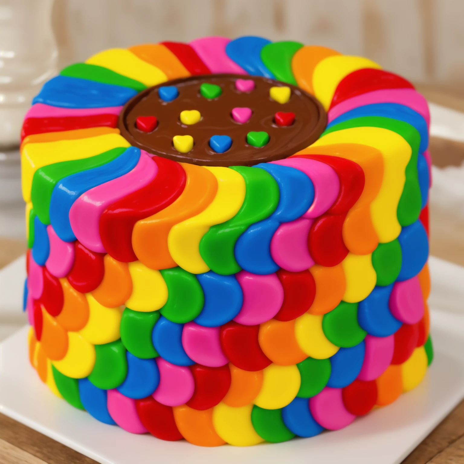 on a wooden table. there is a square white plate. rainbow cream cake. smears of cream in a checkerboard pattern, hole with chocolate drips on top,  ((cream highlights)), against the background of the kitchen, window in the background, vases with plants, Fruit basket, Beautiful light from the window, contour light, Multiple light sources, beautiful sunlight, Bright light source, bright lighting, beautiful light sources, Multiple light sources, Realistic style , realistic texture, detailed texture, A high resolution, high quality, macro photography 