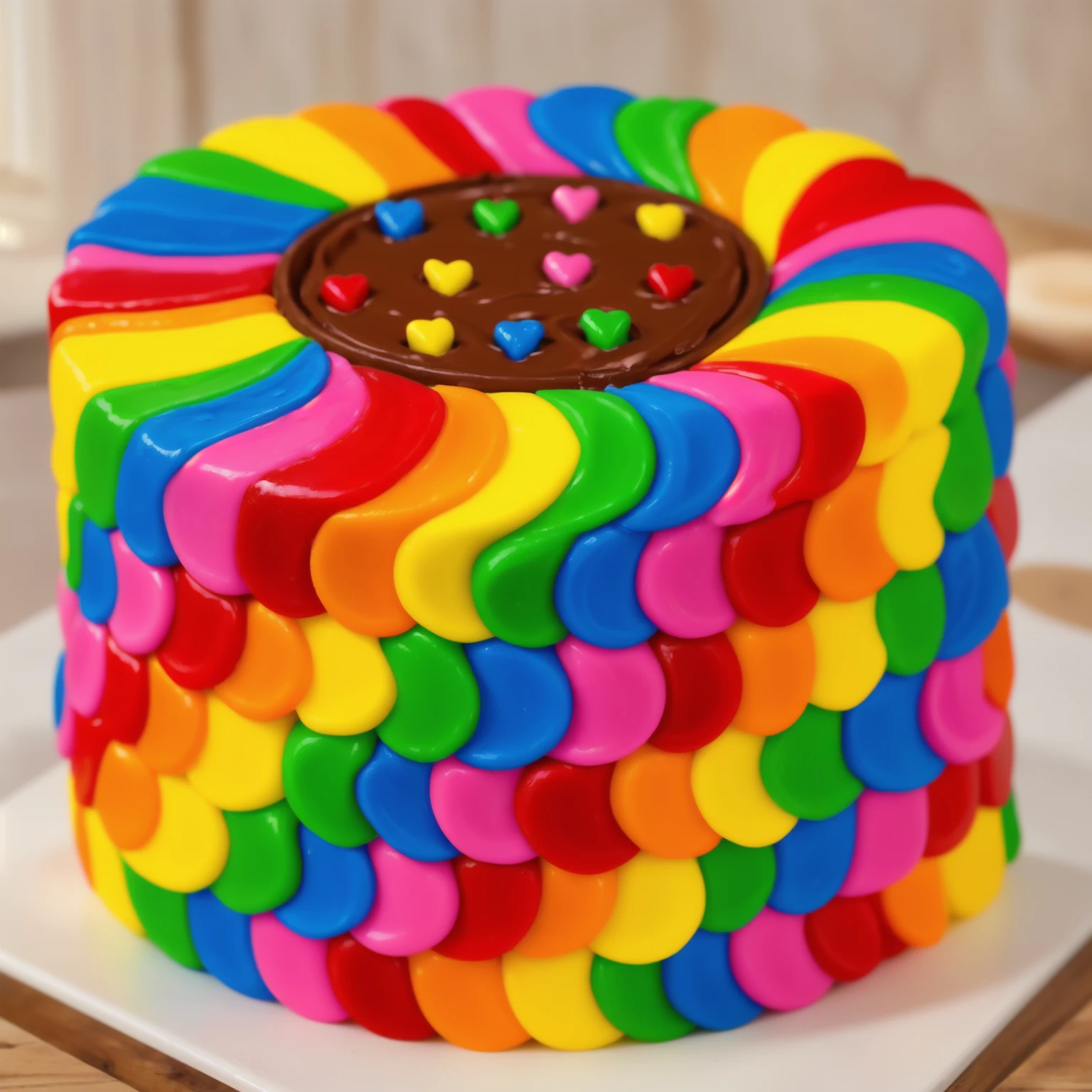 on a wooden table. there is a square white plate. rainbow cream cake. smears of cream in a checkerboard pattern, hole with chocolate drips on top, ((cream highlights)), against the background of the kitchen, window in the background, vases with plants, Fruit basket, Beautiful light from the window, contour light, Multiple light sources, beautiful sunlight, Bright light source, bright lighting, beautiful light sources, Multiple light sources, Realistic style , realistic texture, detailed texture, A high resolution, high quality, macro photography