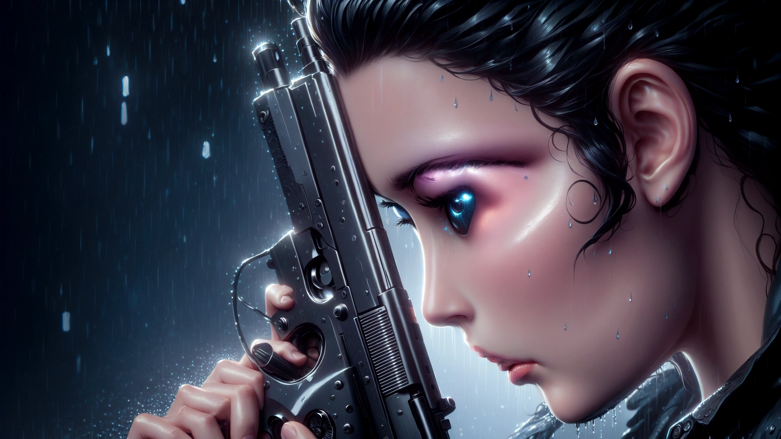 anime style woman holding a gun in the rain, realistic digital art 4 k, realistic digital art 4k, 4k detailed digital art, alena aenami and artgerm, hd artwork, background artwork, hd phone wallpaper, beautiful digital artwork, drawn in a neo - noir style, martin ansin artwork portrait, phone wallpaper hd, epic digital art illustration