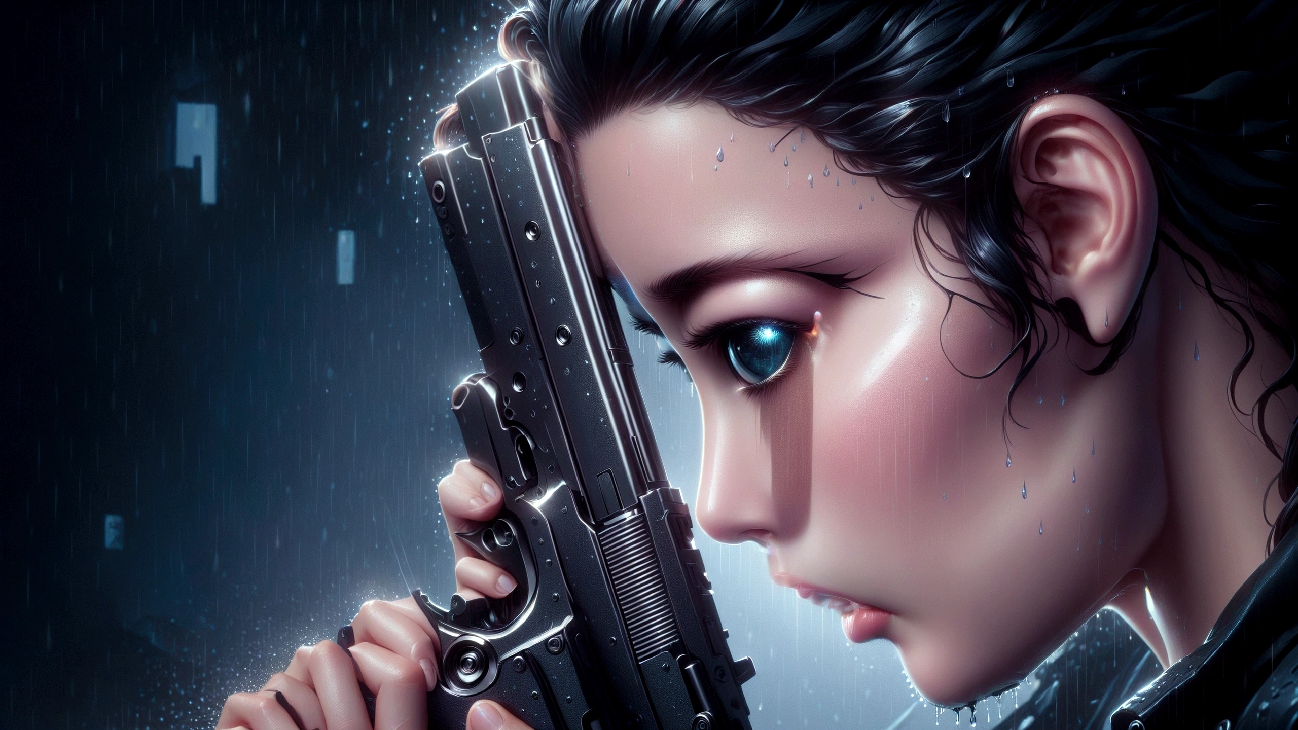 anime style woman holding a gun in the rain, realistic digital art 4 k, realistic digital art 4k, 4k detailed digital art, alena aenami and artgerm, hd artwork, background artwork, hd phone wallpaper, beautiful digital artwork, drawn in a neo - noir style, martin ansin artwork portrait, phone wallpaper hd, epic digital art illustration