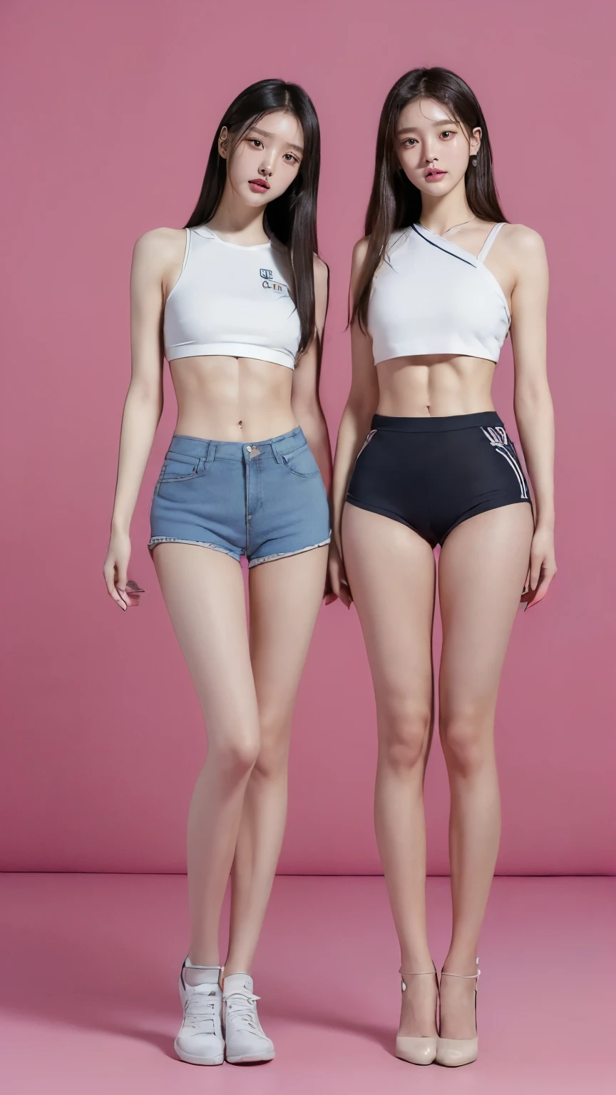 (8K、Raw photo、最high quality、masterpiece:1.5),(((((((Both of them stand with their legs apart:1.9))))))),(((((Both of them have an inseam that is more than half their height.:1.8))))),((Both have bare legs:1.6)),((Both of them are super slim:1.4))，(((((Two girls who look just like WONYOUNG from the k-pop group IVE were photographed:1.9))))),(((They both have super skinny legs:1.6))),(((Both are 173cm tall:1.4))),((Perfect k-pop IVE WONYOUNG style duo:1.4)),(((((Both of them take full body shots:1.8))))),((((Both of you should face your whole body straight ahead.:1.8)))),(((Photographed from below to show the whole body of the legs so that they look longer.:1.7))),Skin irregularities are reproduced in minute detail:1.4, (Super thin waist: 1.2),((超Thin thighs:1.3)), Thin buttocks,Open the navel,１Detailed reproduction of the navel,((Perfect super slim legs:1.3)),(((both of them are the same height:1.3))),(((Both of them have amazingly slim figures.:1.2))),(((Both are wearing micro shorts with a rise of 15cm and an inseam of 1cm.:1.8))),(Both are 16 years old:1.2),((((Both of them are extremely exposed.:1.7)))),(((((Both of them have super-strong abs:1.9))))),((Both of them were wearing short, form-fitting white sports bras.:1.4)),(((Big boobs but no bra:1.4))),(((Both of them had high, erect nipples clearly visible protruding from under their white sports bras.:1.4))),((((Standing in a fashionable theme park on a sunny day:1.4)))),Highly detailed face and skin texture,(Both of you stand with your legs straight and without bending your knees.:1.3),(((They&#39;re both the same height:1.4))),((Both of them look just like WONYOUNG from the K-pop idol IVE.:1.8)), ((((Sunny afternoon:1.3)))),((cute:1.4)),Both are fair-skinned Asians,,Both of them have beautiful eyes,,Both of them have beautiful eyes,,Both of them have beautiful noses, which are realistically reproduced.,Both of them have realistic eyes.,Both have beautiful mouths,((They both have beautiful fingers)),nail,Both of them have beautiful faces.,Both of their beautiful faces are realistically reproduced.,cute,(Ultra-Realistic Details), Natural Shadows,(Very small hips:1.4),Large firm breasts, Super long thighs,(((超Thin thighs:1.2))),(((Super slim calves))),(Both of them have the slender bodies of well-trained track and field athletes.:1.5),(Super muscular body:1.5),Super toned waist,(Super thin waist:1.3),((White high heels:1.2)),lengthen limbs,(((((Shooting the whole body from calf height:1.6))))),(Both of them have slim, toned ankles.:1.2),((((Wide open abdomen:1.5)))),Hands on hips,Both of them face forward,((Both figures have detailed and clear reproduction of the crotch area.)),((Super long legs:1.3)),Thin thighs,((Both of them have bare legs.:1.6)),((Both of them are showing off their legs in a very extreme way.:1.5),((Both of them are showing off their bellies in an extremely extreme way.:1.4),(Black hair ponytail),(Neither of them wears tights or socks.:1.5),((Both of them stand up straight.)),((Keep your hips facing forward:1.5)),2人とも8頭身スタイルBeauty,The ankles are super thin,The arms are very thin and muscular,Make your arms thinner,(((Clearly reproduces the skin texture of the legs down to the finest detail))),Faithfully reproducing the fingers of the hand,(Both of them have super long legs.),(Accurate reproduction of each finger:1.3),(((Each toe is accurately reproduced:1.2))),The middle of the thighs are very thin,(((Clearly reproduces the muscle texture of ultra-muscular and ultra-thin calf skin))),(((超筋肉質な超Thin thighsの肌の筋肉質感を明確に再現する))),(Very tight waist:1.2),((Both of them have an inseam that is more than half their height.の美脚:1.6)),(Extremely thin thighs:1.3),Beauty,Fine skin,Firm skin,(((Both of them should fit from the top of their heads to the toes of their heels.:1.5))),(((They both have super skinny legsの肌を細部まで忠実に再現する))),(Both of them are super muscular and have super thin legs with realistic skin.:1.3),((Realistically reproduces the fine details of toned, slender leg skin:1.3)),((Dazzling Midsummer)),(((Both of them have super-strong quadriceps:1.6))),(((Both of them have extremely well-trained gastrocnemius and soleus muscles.:1.6))),((2人とも超細くてSuper long legs:1.2)),Front lighting,Super detailed, High detail, high quality, Awards,High resolution,(Anatomically correct:1.5)　