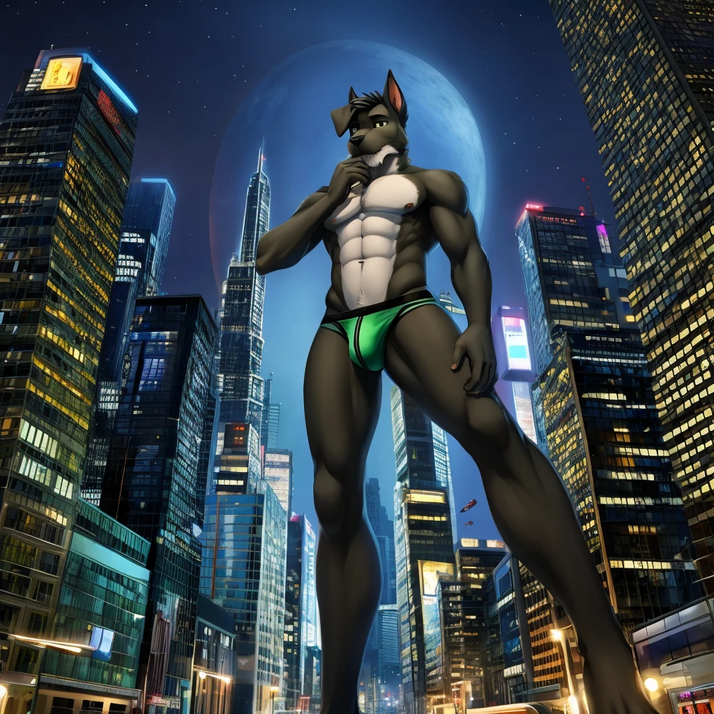 Standard schnauzer, Anthro, Furry, Wearing dark green Underwear, Slim, city  And Night, his really Macro size his 80ft tall, 