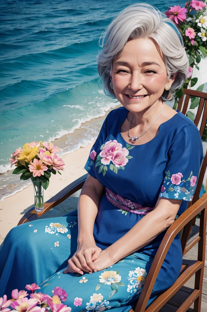 Caricature: Elderly woman, smiling widely sitting in a chair on the balcony with flowers on the background of the sea, Mikhail Lebedev, beautiful digital work, relaxing concept art, grandmother sitting with flowers, Radiy Nedelchev, Alexander Kucharsky, old woman, Igor Kufaev, beautiful work, Mari Bashkirtseva, 3d cartoon Disney Pixar, beautiful illustration