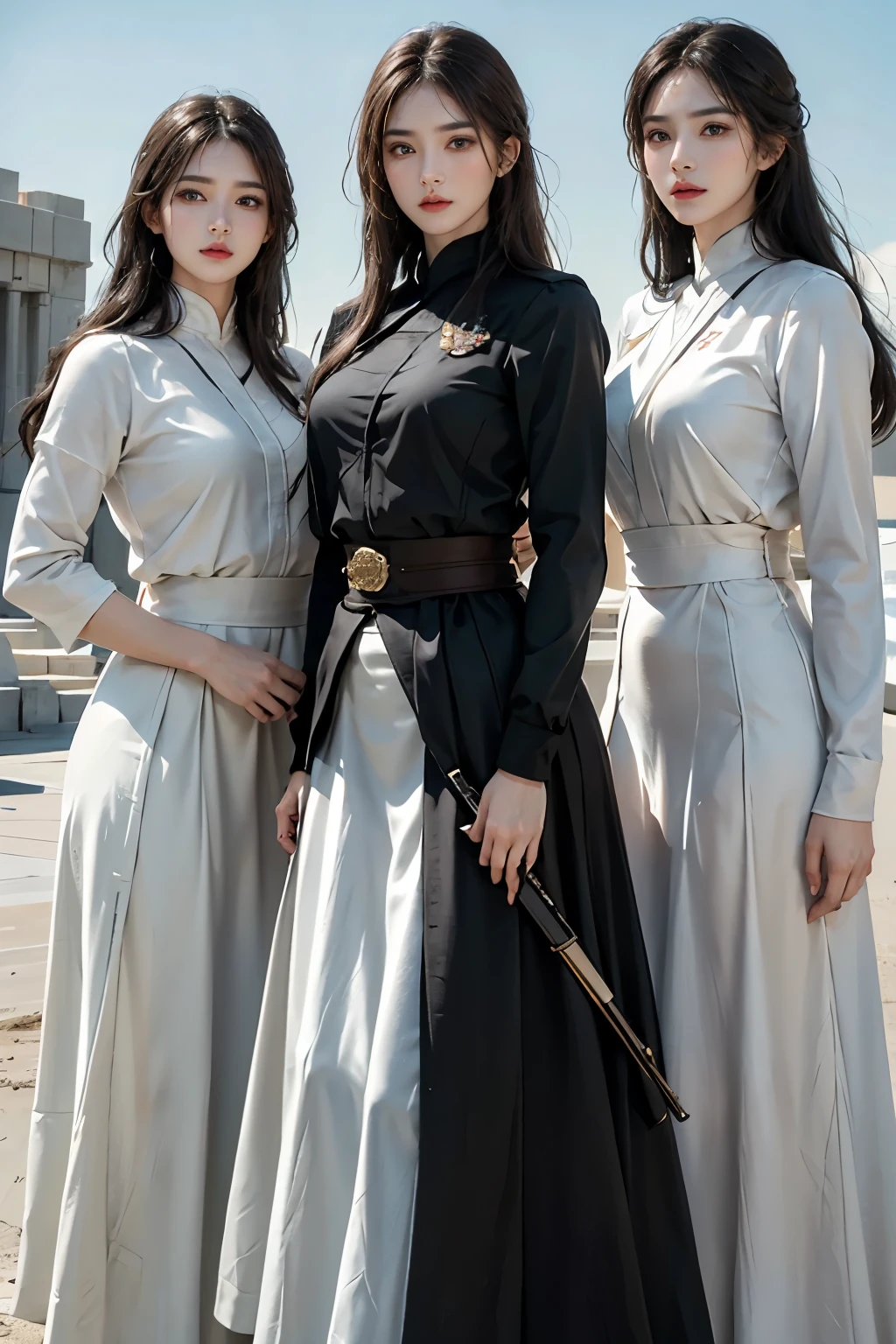 In this hyper-realistic image, three resplendent female soldiers are depicted in high resolution, each adorned with their military skirts and shouldering their guns with an air of professionalism. The trio stands in stark contrast to the towering tank beside them, their white skin glowing under the spotlight like pure marble. Their shoulder-length hair falls softly around their faces, framing their beautiful features and accentuating their high cheekbones. The detailed eyes of each soldier sparkle with an undeniable strength and determination, reflecting their unwavering spirit. The image is a testament to top-quality craftsmanship and ultra-detailed precision, making it an ideal wallpaper for any