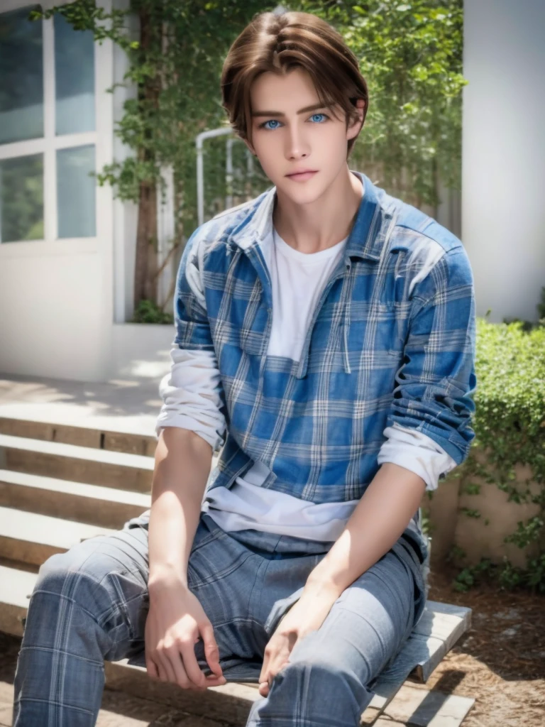 a beautiful teenage white boy with deep blue eyes, curly brown hair, pale smooth skin, sitting outdoors, wearing skinny jeans, plaid shirt and t-shirt, looking like a model, high detailed, hyperrealistic, 8k, ultra detailed, masterpiece, cinematic lighting, professional photography, natural setting, warm color tones