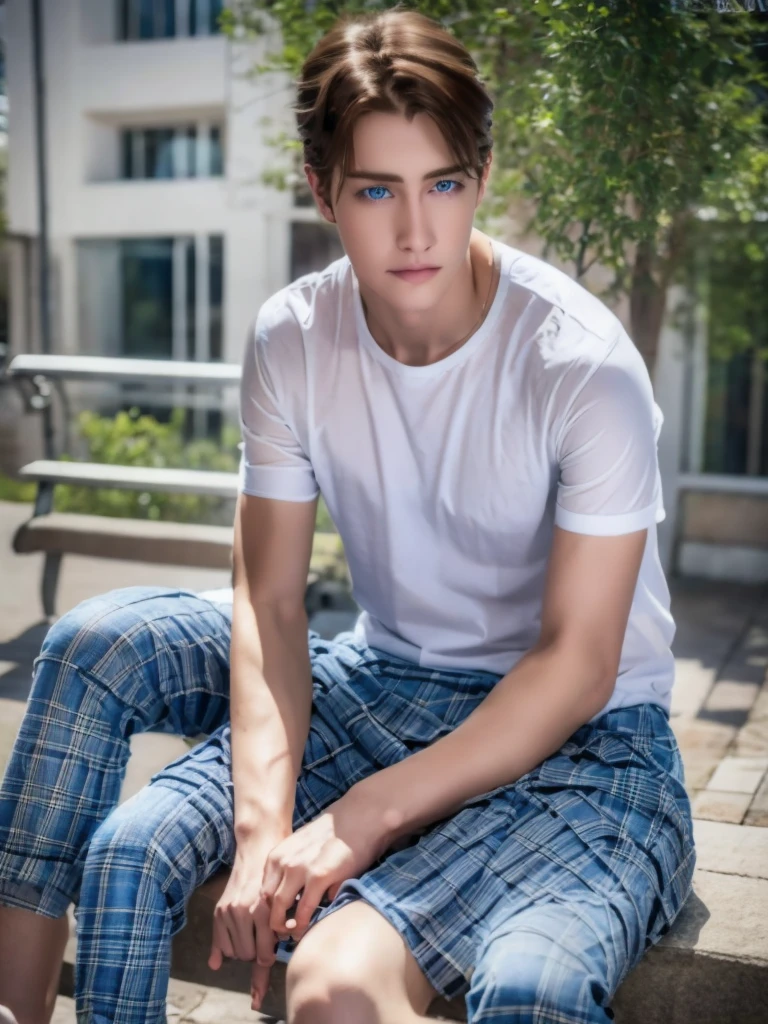 a beautiful teenage white boy with deep blue eyes, curly brown hair, pale smooth skin, sitting outdoors, wearing skinny jeans, plaid shirt and t-shirt, looking like a model, high detailed, hyperrealistic, 8k, ultra detailed, masterpiece, cinematic lighting, professional photography, natural setting, warm color tones