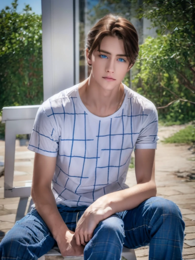a beautiful white boy with deep blue eyes, curly brown hair, pale smooth skin, sitting outdoors, wearing skinny jeans, plaid shirt and t-shirt, looking like a model, high detailed, hyperrealistic, 8k, ultra detailed, masterpiece, cinematic lighting, professional photography, natural setting, warm color tones