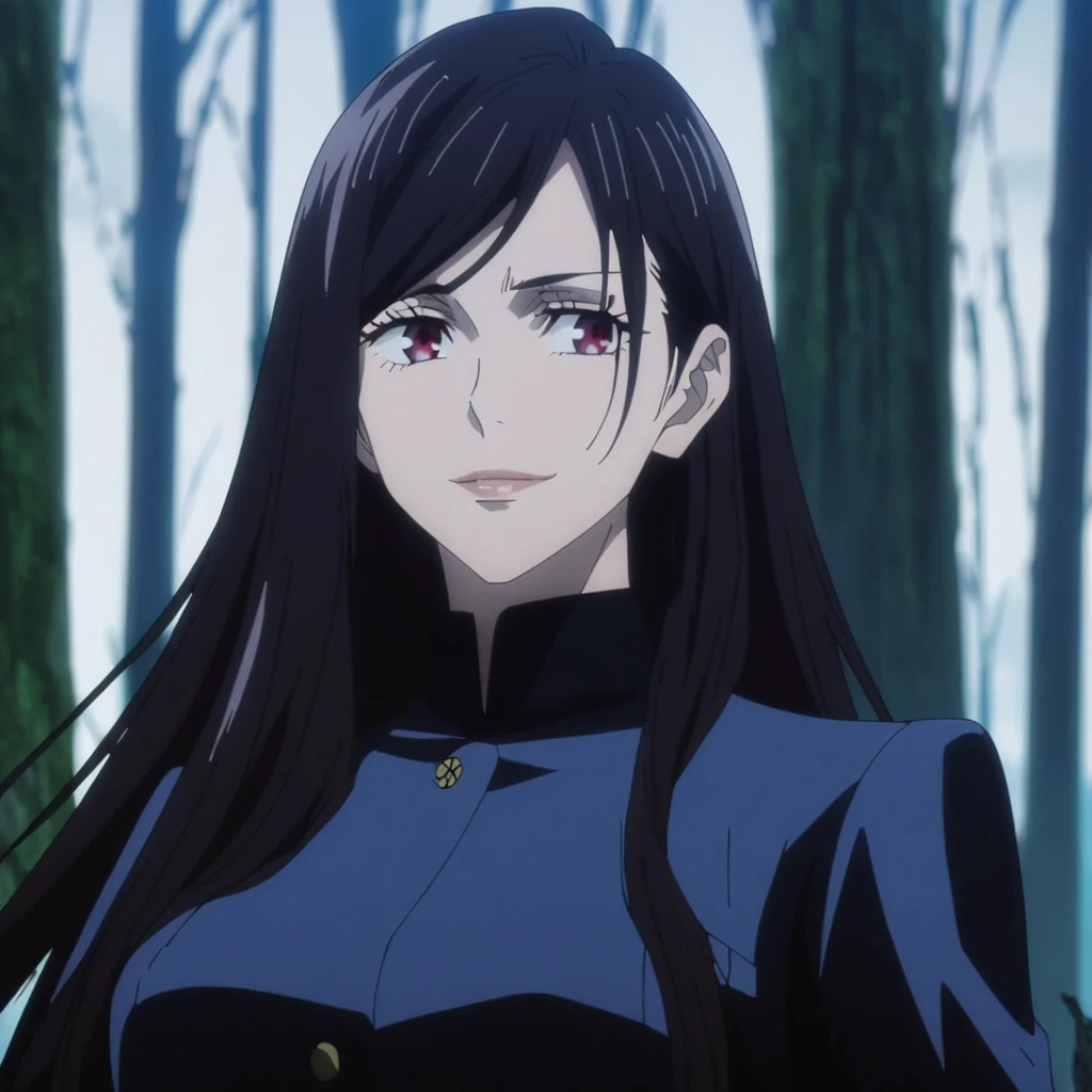 1girl, anime screencap from jujutsu kaisen, solo, very long_hair, ((smooth texture hair)) purple eyes, ((long hair, black hair, elegant hairstyle, red_eye)), breasts, upper_body, smile, forest background, red_eyes, lips, ((long black hair, elegant hairstyle,red_eye)) wearing black color clothes, breast, "very detailed and high resolution" (red eyes) ((cross arms))  ((smooth texture hair)) ((solo)) ((high resolution)) (Good quality) 