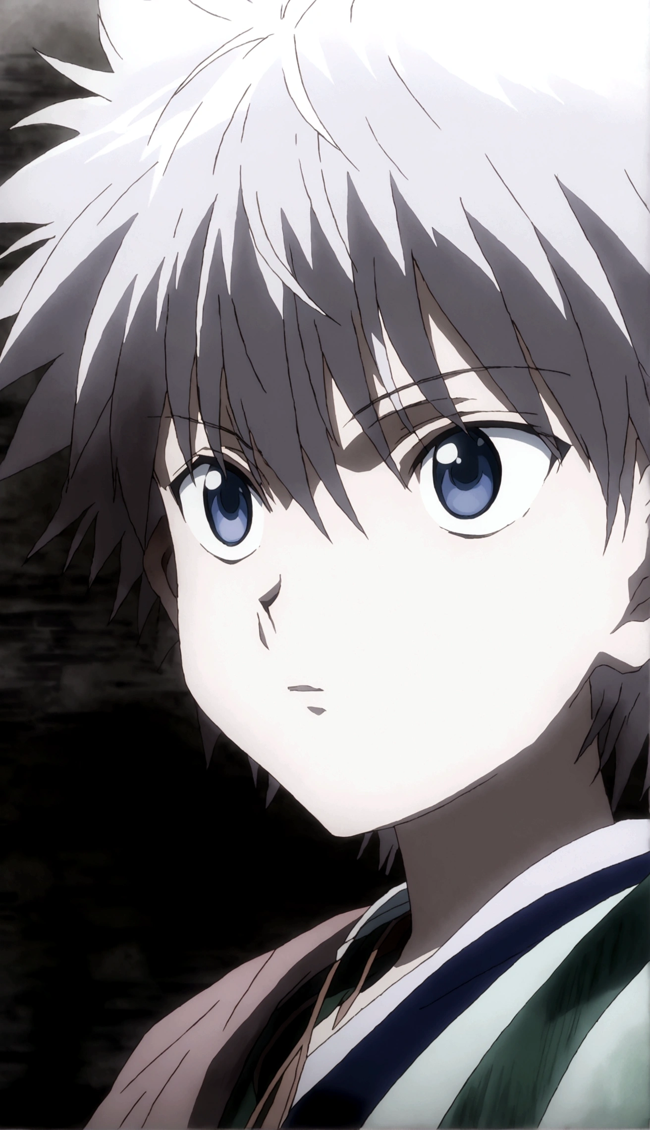 anime boy with white hair and blue eyes looking at something, Killua Zoldyck portrait, Killua Zoldyck, Nagisa Kaworu, Killua Zoldyck black hair, an anime portrait of cirno, anime shading), Mirai Nikki, Frame from the anime, in the anime movie, anime shading, anime cel shading