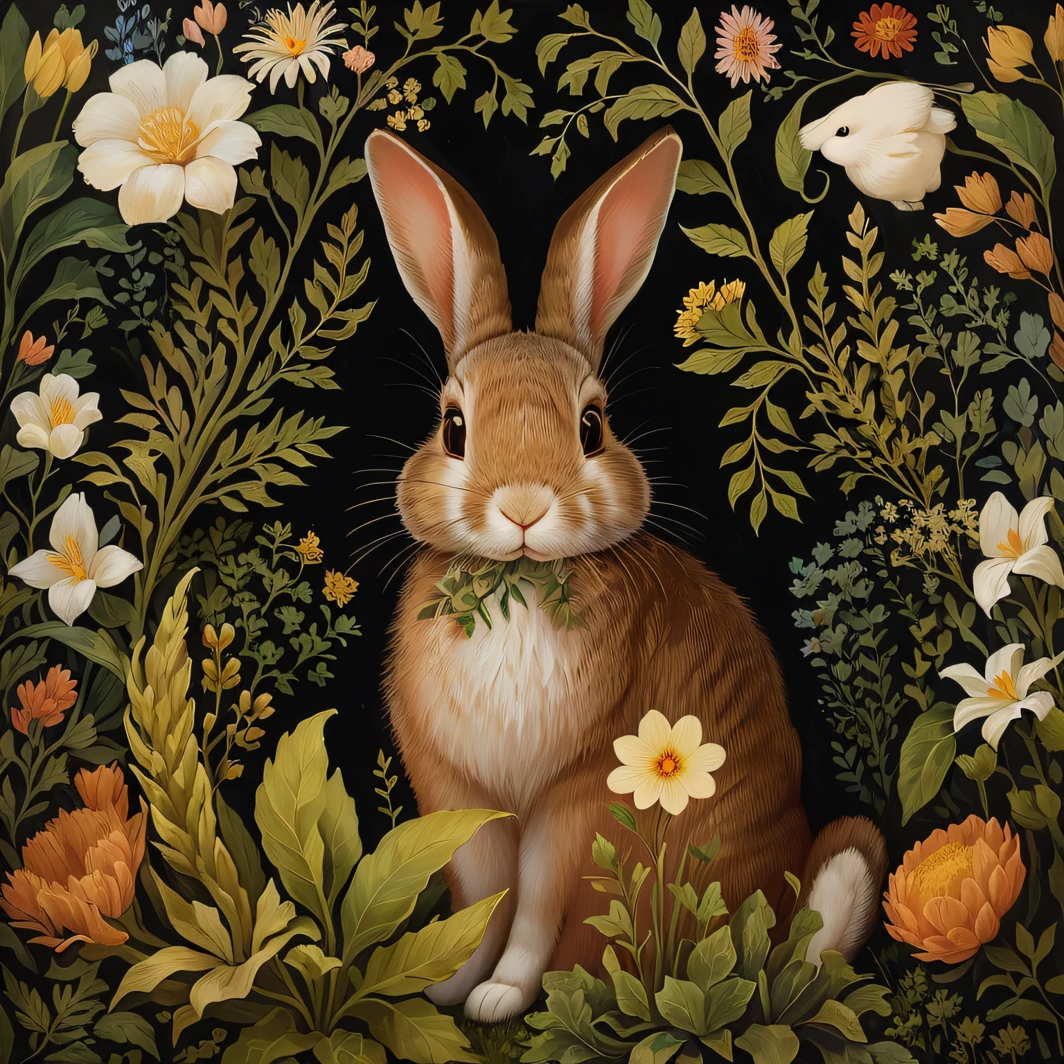 painting of a rabbit in a garden with flowers and plants, Jane Newland, anthropomorphic rabbit, rabbit, author：Margaret Bingham, author：Laura Wheeler Waring, author：Mary Elizabeth Groome, detailed rabbit in the middle, by Margit Anna, Anne Steger Gerard, Catherine Norlin, author：Jennifer Bartlett, rabbit, author：Elizabeth Jane Lloyd, author：Elizabeth Charleston