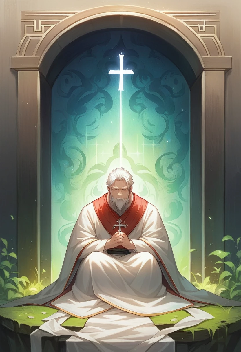 Close-up of a young Chinese Taoism leader sitting on a stone,White hair,beard,Meditate cross-legged,Taoism, Wearing a gorgeous robe,Taoism master,Taoism,In the center,Look directly into the camera,Very bright colors, Light Particles, Luminescence, Mushf, Wallpaper Art, Ultra HD Wallpaper,Realism