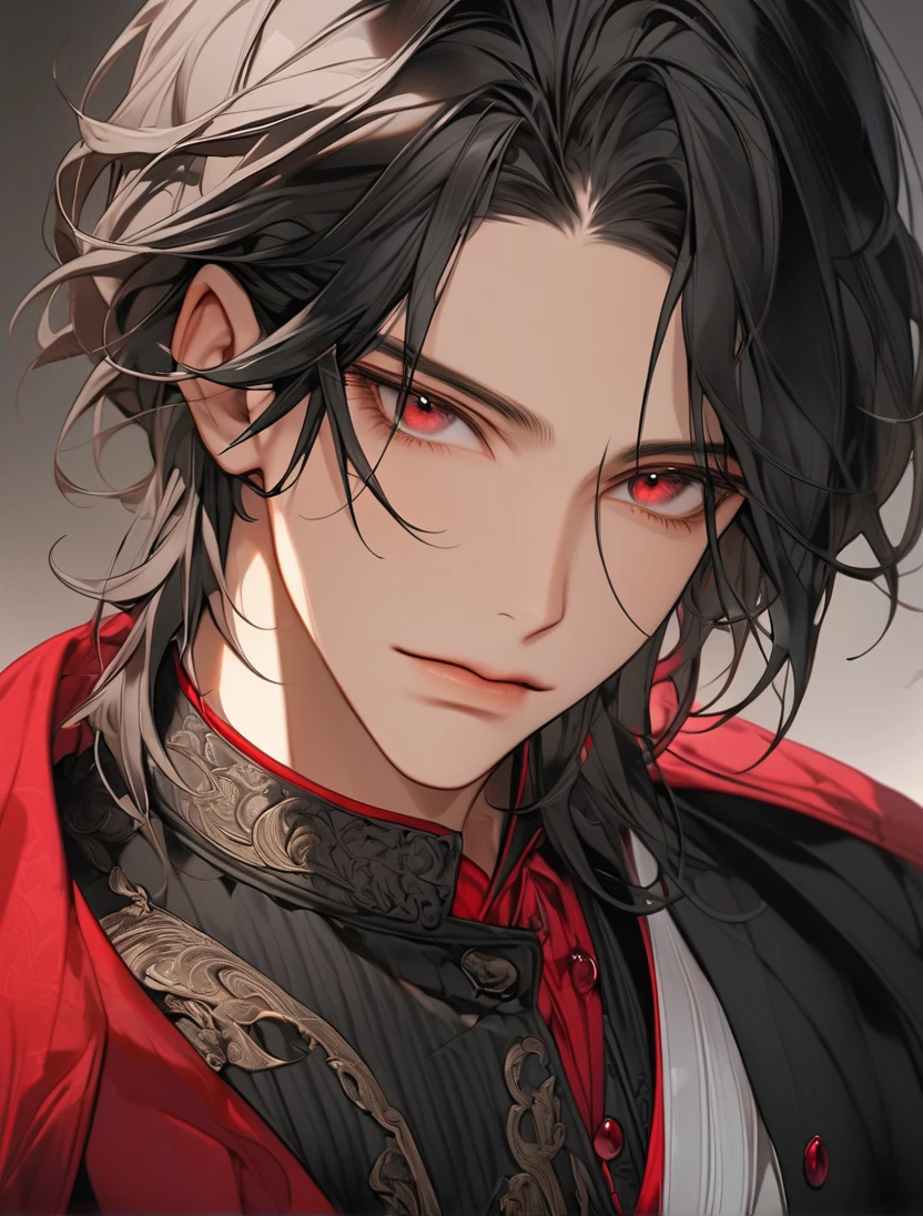 (Black_Hair), (red_ruby_eyes), (Handsome), (attractive), (male), (close_up_shot), (detailed_eyes), (detailed_hair), (clean_hair),  (vertical_pupils), (jawline), (youthful_appearance)