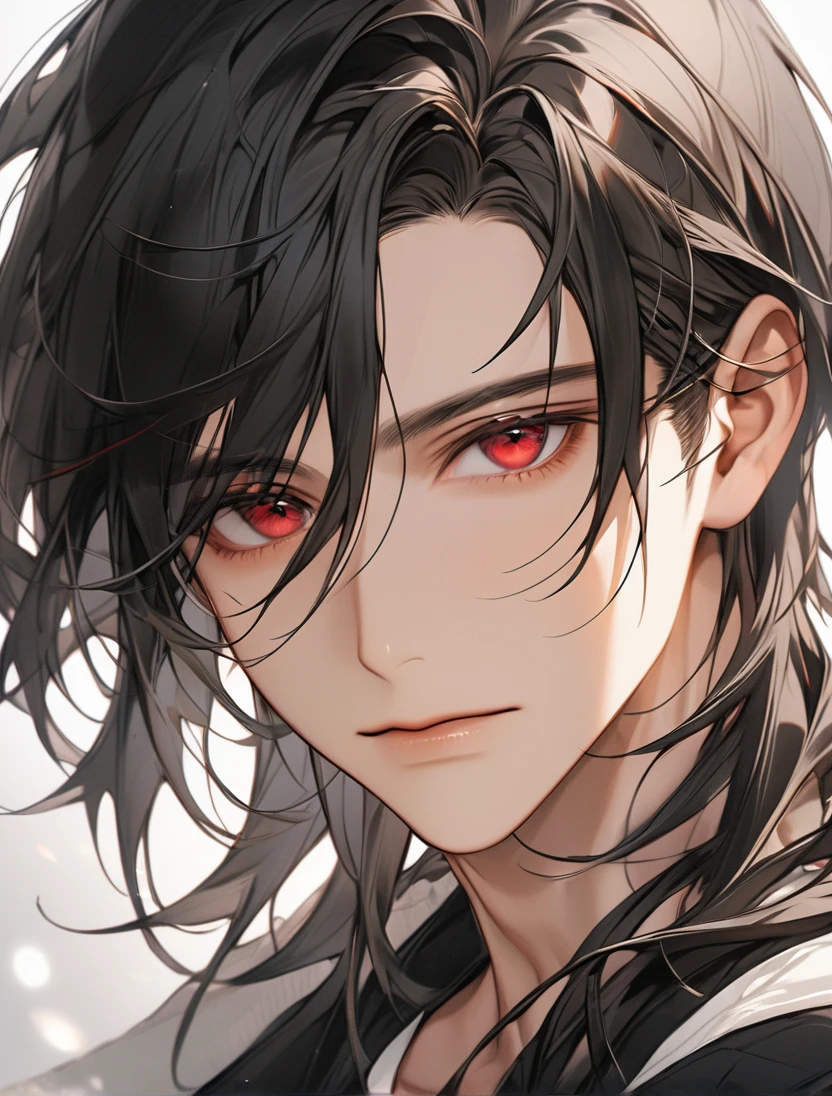 (Black_Hair), (red_ruby_eyes), (Handsome), (attractive), (male), (close_up_shot), (detailed_eyes), (detailed_hair), (clean_hair),  (vertical_pupils), (jawline), (youthful_appearance)