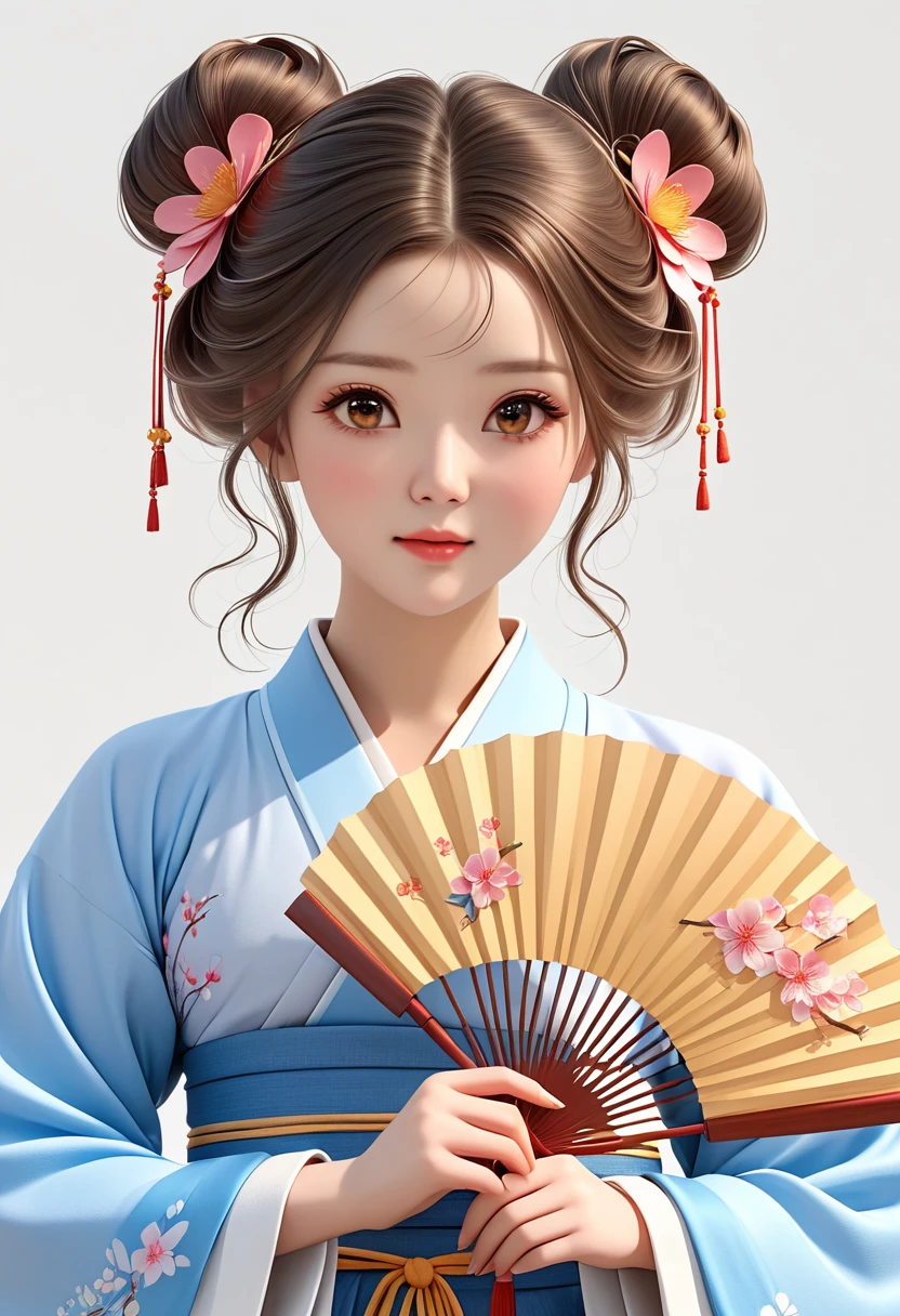 a beautiful young woman in hanfu with long flowing hair, detailed face, beautiful brown eyes, blushing cheeks, hair ornaments, white background, simple setting, holding a fan, 3D, realistic, photorealistic, extremely detailed, masterpiece, high resolution, vibrant colors, soft lighting, digital art