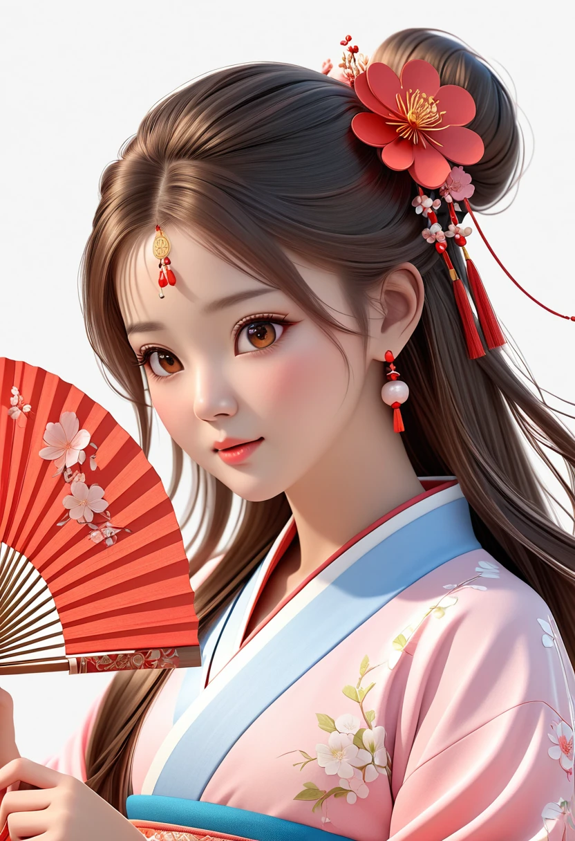 a beautiful young woman in hanfu with long flowing hair, detailed face, beautiful brown eyes, blushing cheeks, hair ornaments, white background, simple setting, holding a fan, 3D, realistic, photorealistic, extremely detailed, masterpiece, high resolution, vibrant colors, soft lighting, digital art