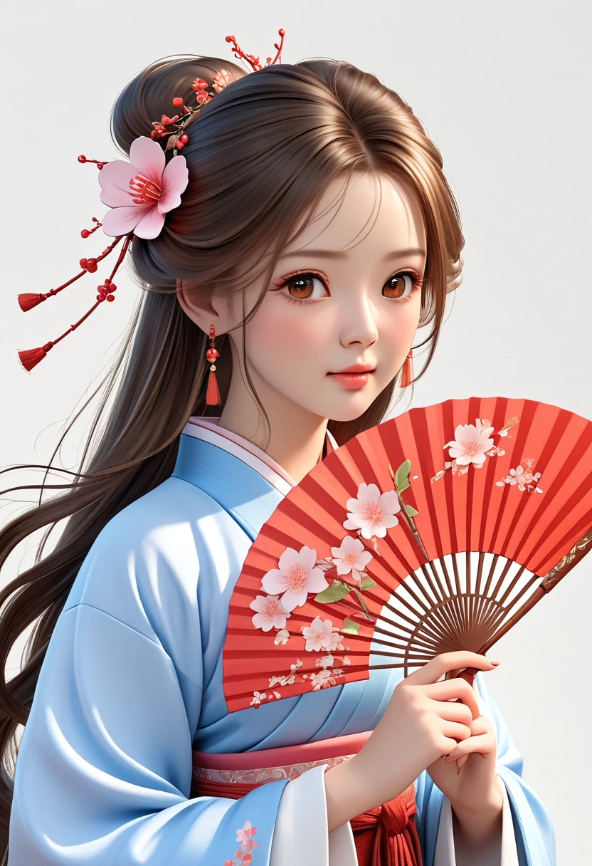 a beautiful young woman in hanfu with long flowing hair, detailed face, beautiful brown eyes, blushing cheeks, hair ornaments, white background, simple setting, holding a fan, 3D, realistic, photorealistic, extremely detailed, masterpiece, high resolution, vibrant colors, soft lighting, digital art
