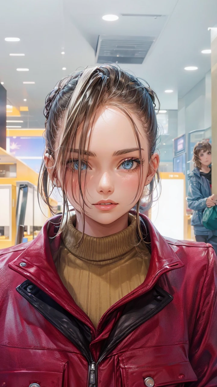 Use this girl from the image and she's standing in a Mercedes car showroom buying a new Mercedes-Benz G-Class