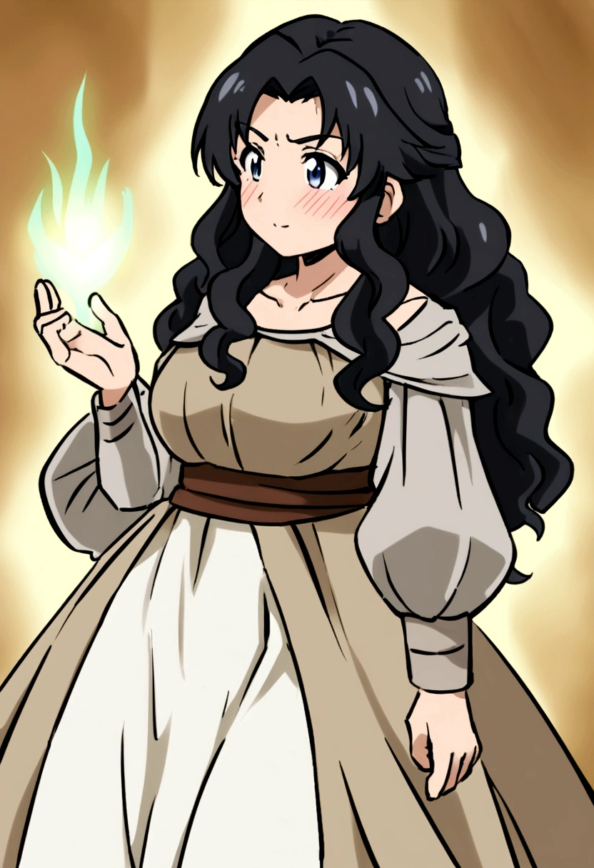 anime style drawing, fairy with long black wavy hair, who appears to be 22 years old, mature appearance and medieval clothing of an adventurer, blushing