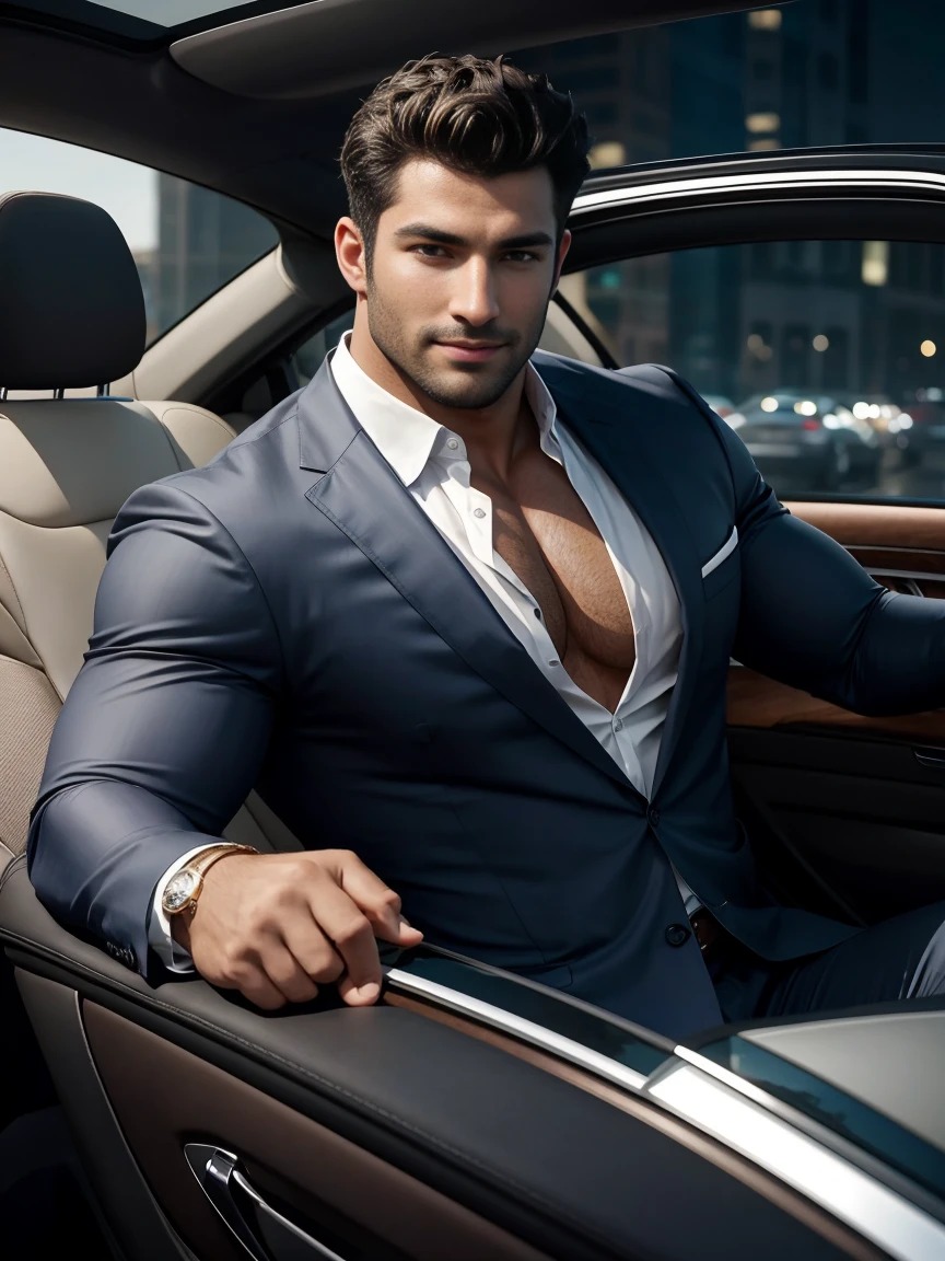 8k,8K resolution,2 Muscular Europeans, handsome man,charming eyes,dark skin,beautiful, smooth and shiny,Full muscles,Thick body hair, (wearing a stylish suit),big bag,emphasize,Driving a luxury convertible,The car is full of roses,Two men smiling happily,professional lighting,Professional photography,Realistic photos,realistic model,realistic art