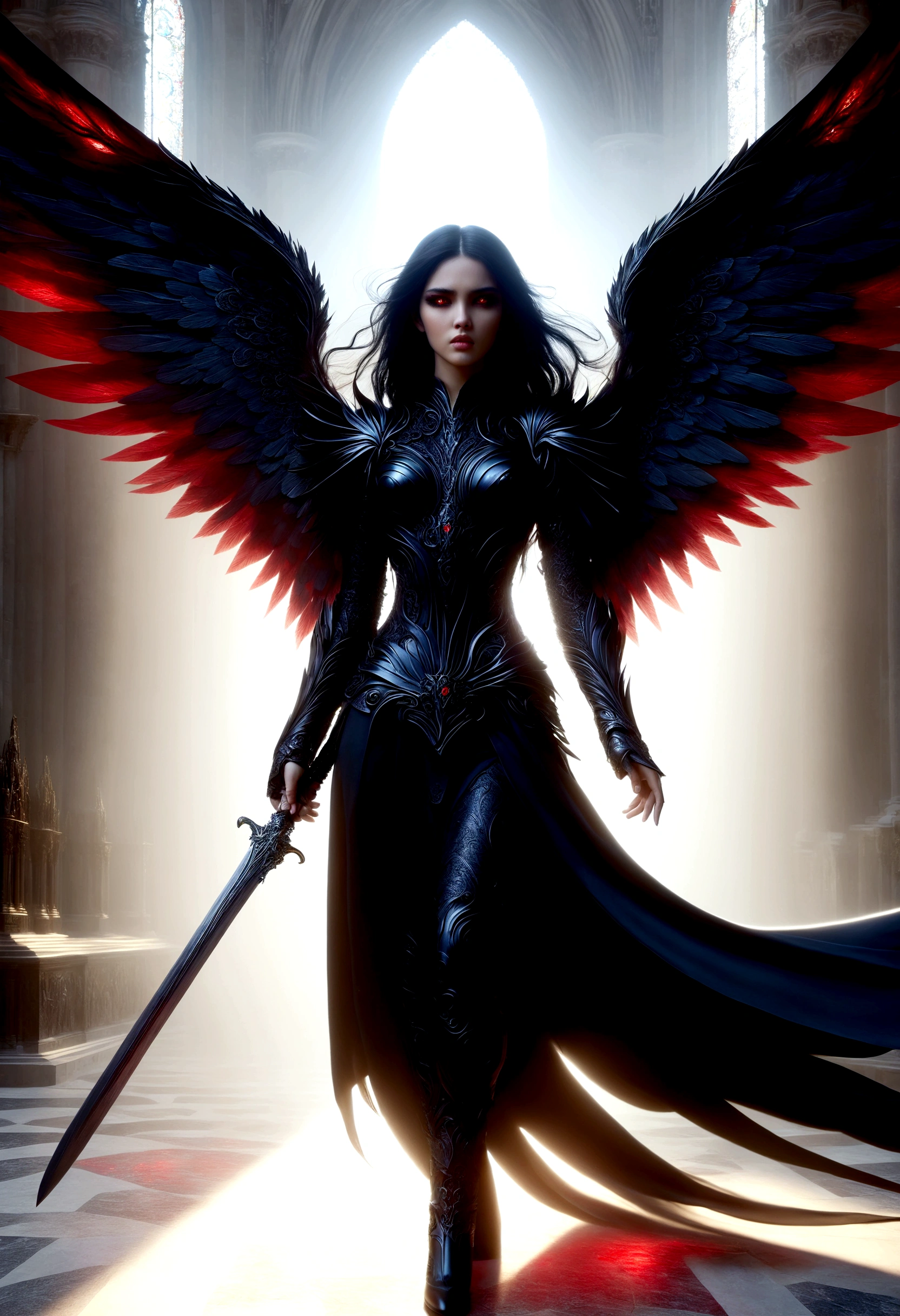 Best Quality Masterpiece A Woman Angel Warrior Gothic Incredibly Beautiful Long Red Eyes Black Hair Black Wings Wearing Black Clothes And Armor Corrupt Angel Woman In An Intricate Cathedral Utra Detailed 8K Extremely Realistic And Detailed