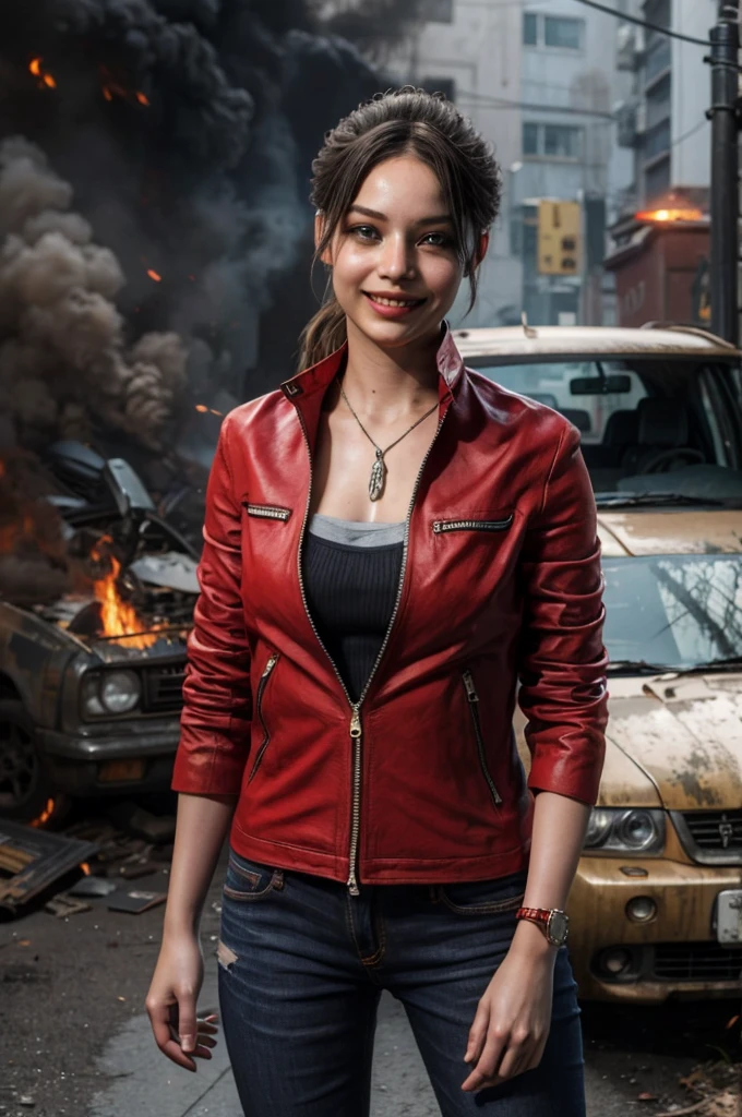 1girl, (realistic),(hyperrealism),(best quality),(masterpiece),(ultra high res),(photorealistic),idol,eye makeup,detailed eyes,detailed face,black dress, claireredfield2, brown hair, (red jacket:1.2), ponytail, (denim pants:1.3),,  red wristband,,  abandoned street, burning cars in background, littered street, smoke, chaos, zombie apocalypse, daytime, sunny,,  hands in pocket, looking at viewer, smiling, closeup shot