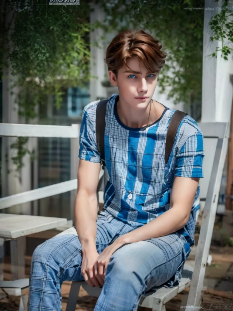 a beautiful teenage white boy with deep blue eyes, curly brown hair, pale smooth skin, sitting outdoors, wearing skinny jeans, plaid shirt and t-shirt, looking like a model, high detailed, hyperrealistic, 8k, ultra detailed, masterpiece, cinematic lighting, professional photography, natural setting, warm color tones