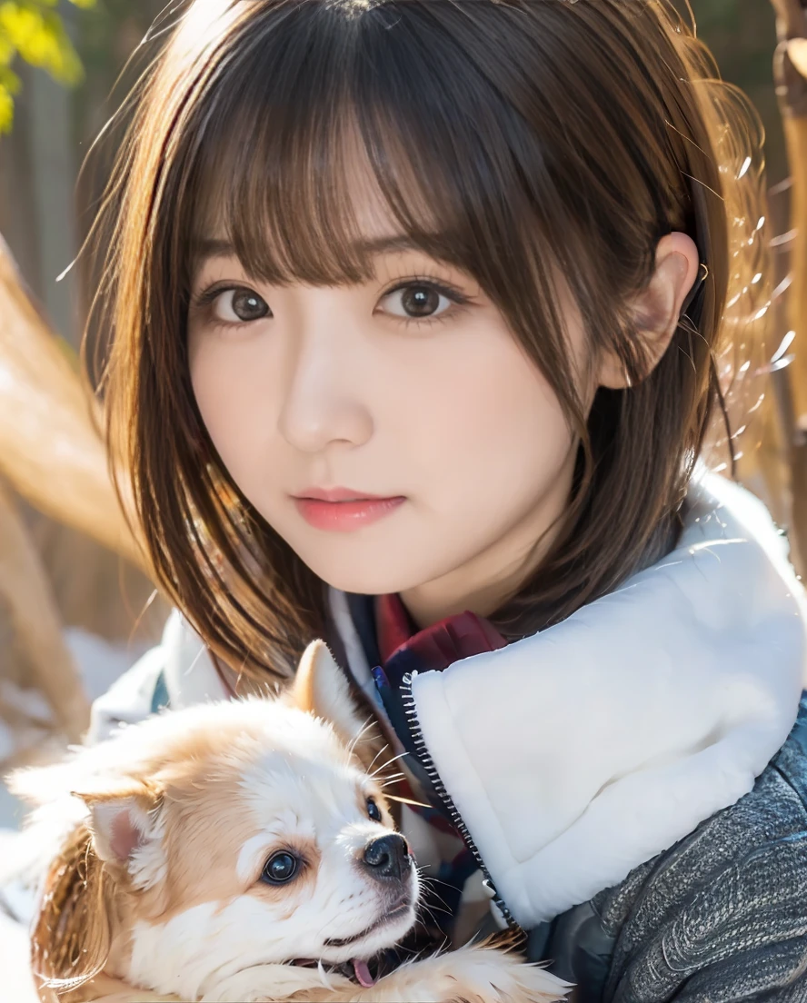 Being with a dog、A girl and a dog warming themselves by a bonfire、Lens flare、Hair blowing in the wind、Medium Short Hair、、Expressing the whiteness of one's breath、Photo from the waist up、Night city illumination shot、Cowgirl Shot、Fur coat、豪華なグレーのミンクのFur coat、Wear fine leather boots、Luxury Bags、Inner turtleneck、Silver necklace and small silver earrings Millionaire style:1.4))、Full body photo、smile、 Caustics、Highly detailed photos、Very beautiful woman 、Ample breasts、No makeup、(8K、RAW Photos、Highest quality、masterpiece:1.2)、(Realistic、Realistic)、1 Girl、((Medium Short Hair、Midwinter、Cold region Snow falling、The wind is blowing、Fluttering Hair、Blur the background、Colorful illuminations、Looking into the camera:1.4))、