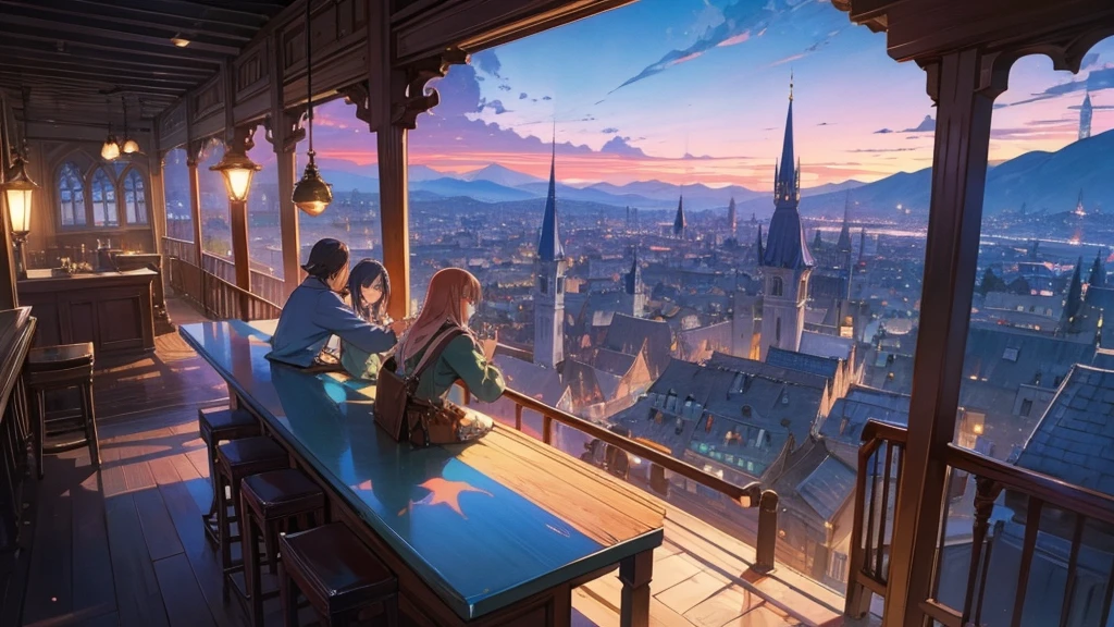 Anime Style,Nostalgic,Detailed background,Magical World,A lively bar with lots of people,Beautiful sky,Bard&#39;s Smiling Beauty,guitar,Large Breasts,Healthy thighs