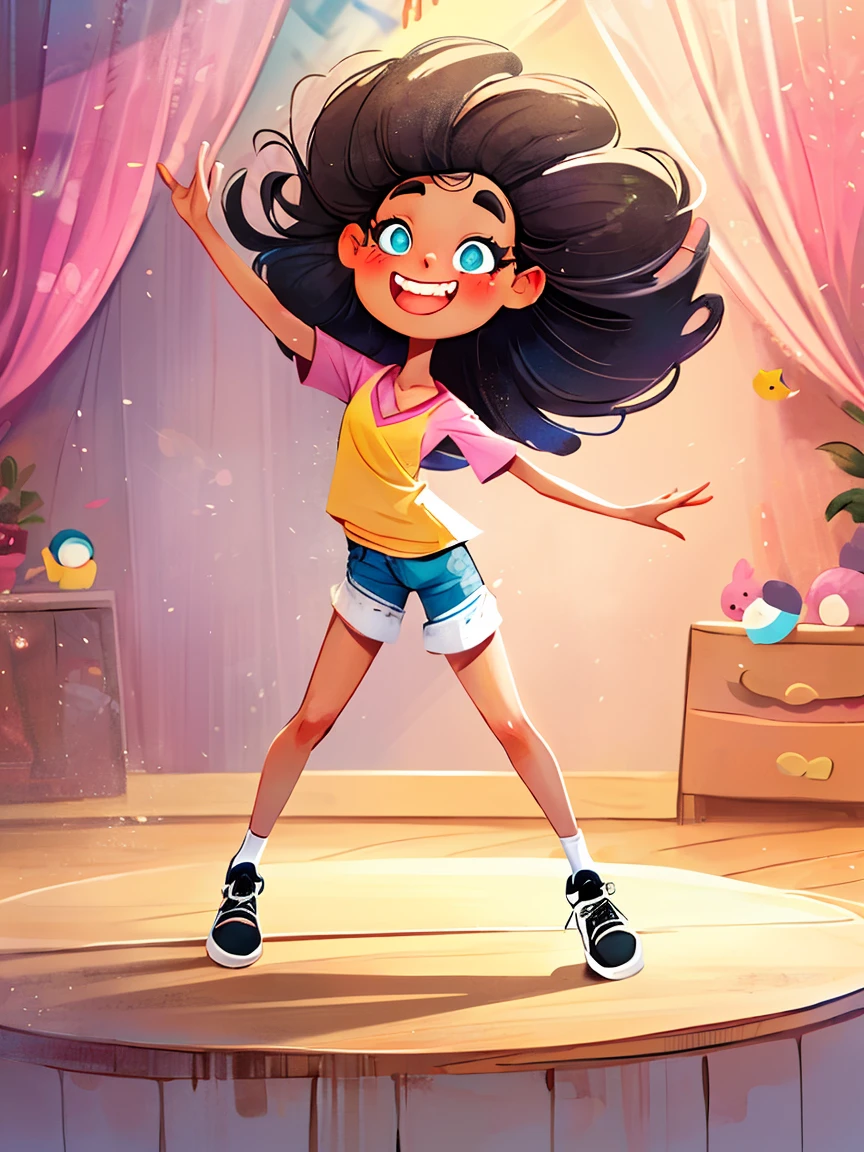 masterpiece, high quality, A cartoon *********** wearing a pink V-neck shirt and white shorts, Show your bright teeth, Big cute eyes, Super cute and stylish black-haired girl, Dance, J_Huiben