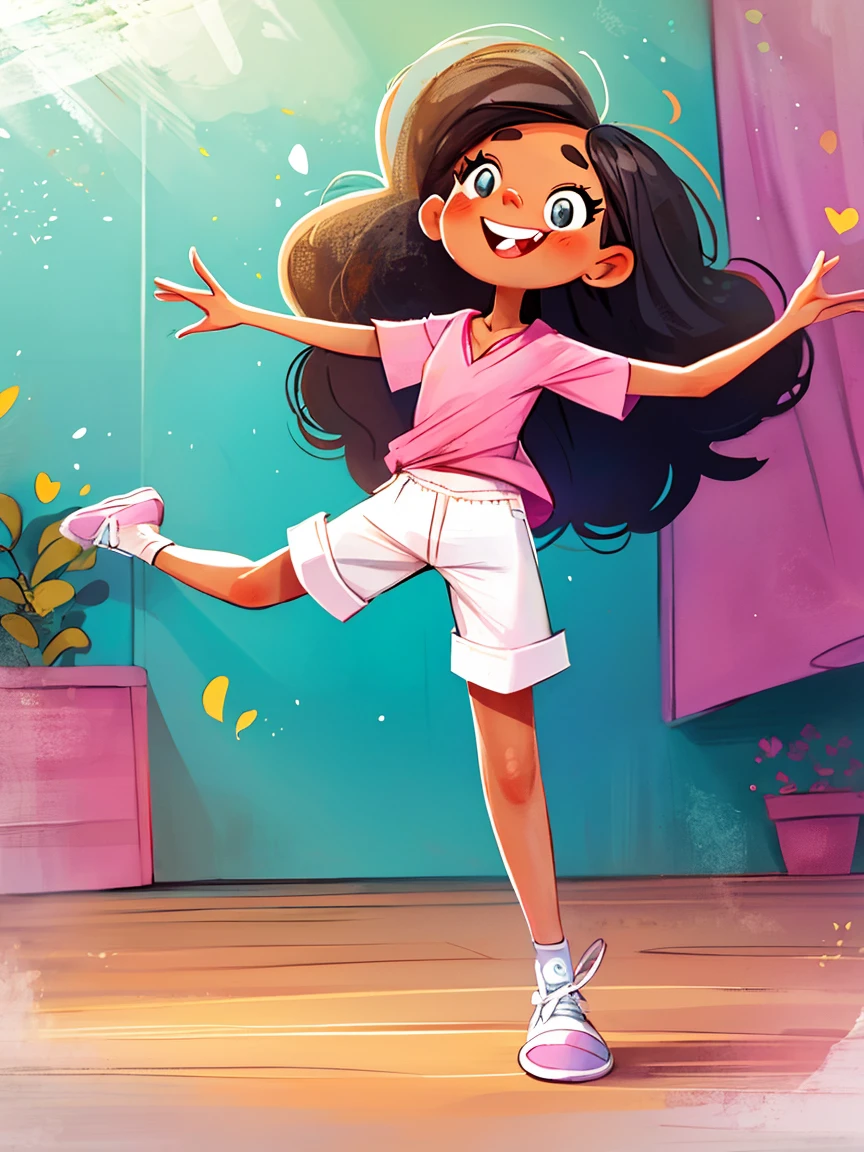 masterpiece, high quality, A cartoon *********** wearing a pink V-neck shirt and white shorts, Show your bright teeth, Big cute eyes, Super cute and stylish black-haired girl, Dance, J_Huiben